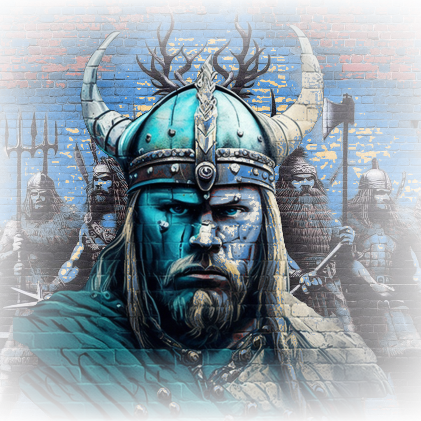 Graphic T-shirt featuring a Viking warrior in traditional Norse attire, wielding a sword and shield, with intricate Viking art and symbols in the background