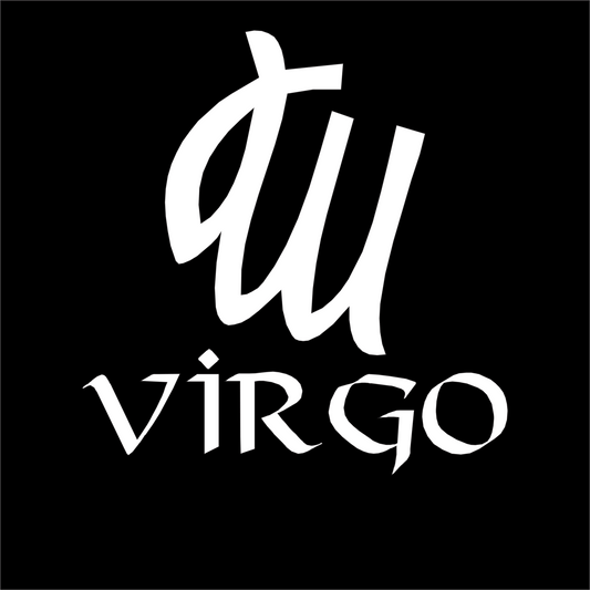 White 'Virgo' text with astrological symbol on a black background