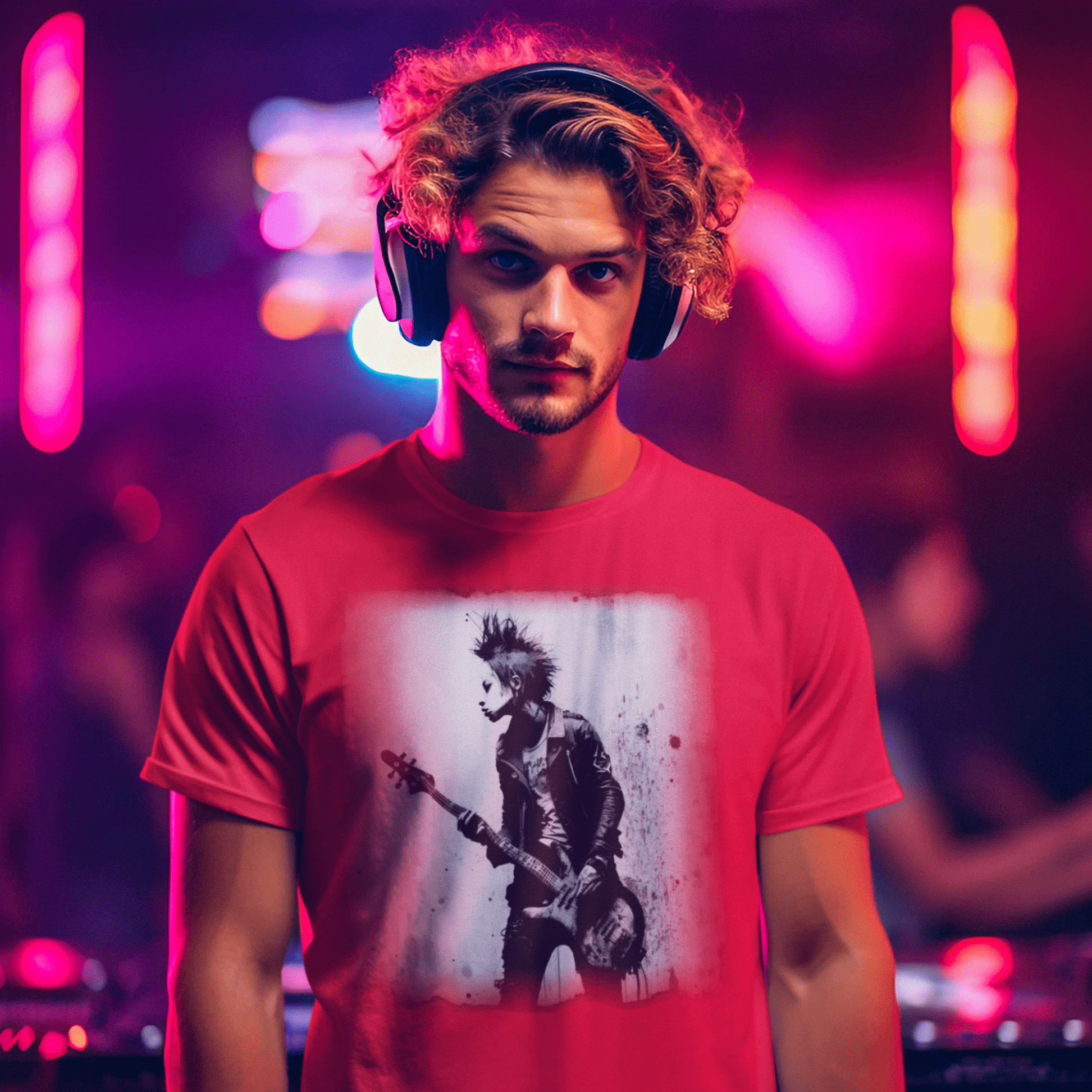 T-shirt featuring a punk rock bass guitarist.