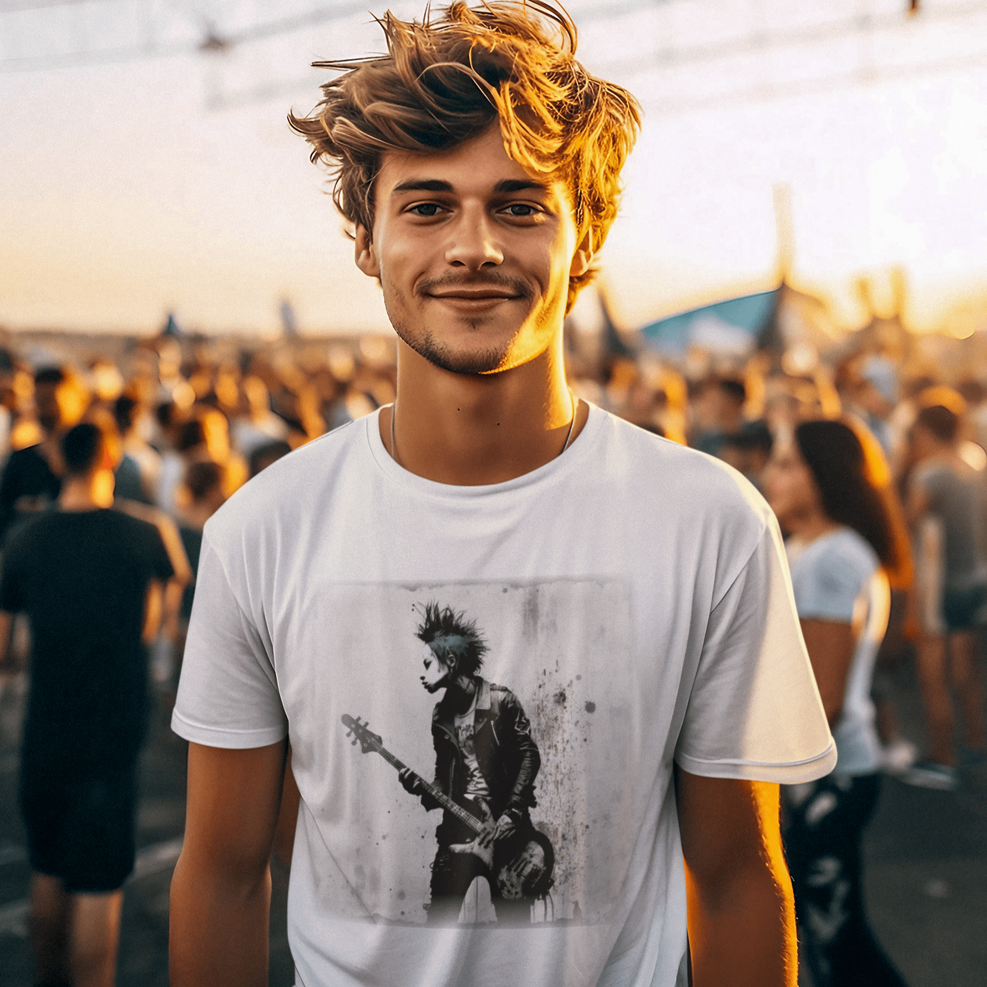 T-shirt featuring a punk rock bass guitarist.