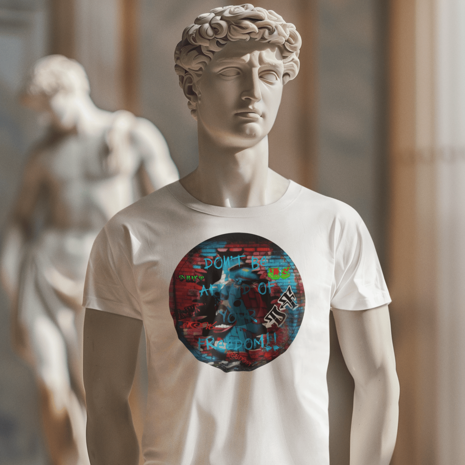 Graphic tee promoting artistic expression and freedom.