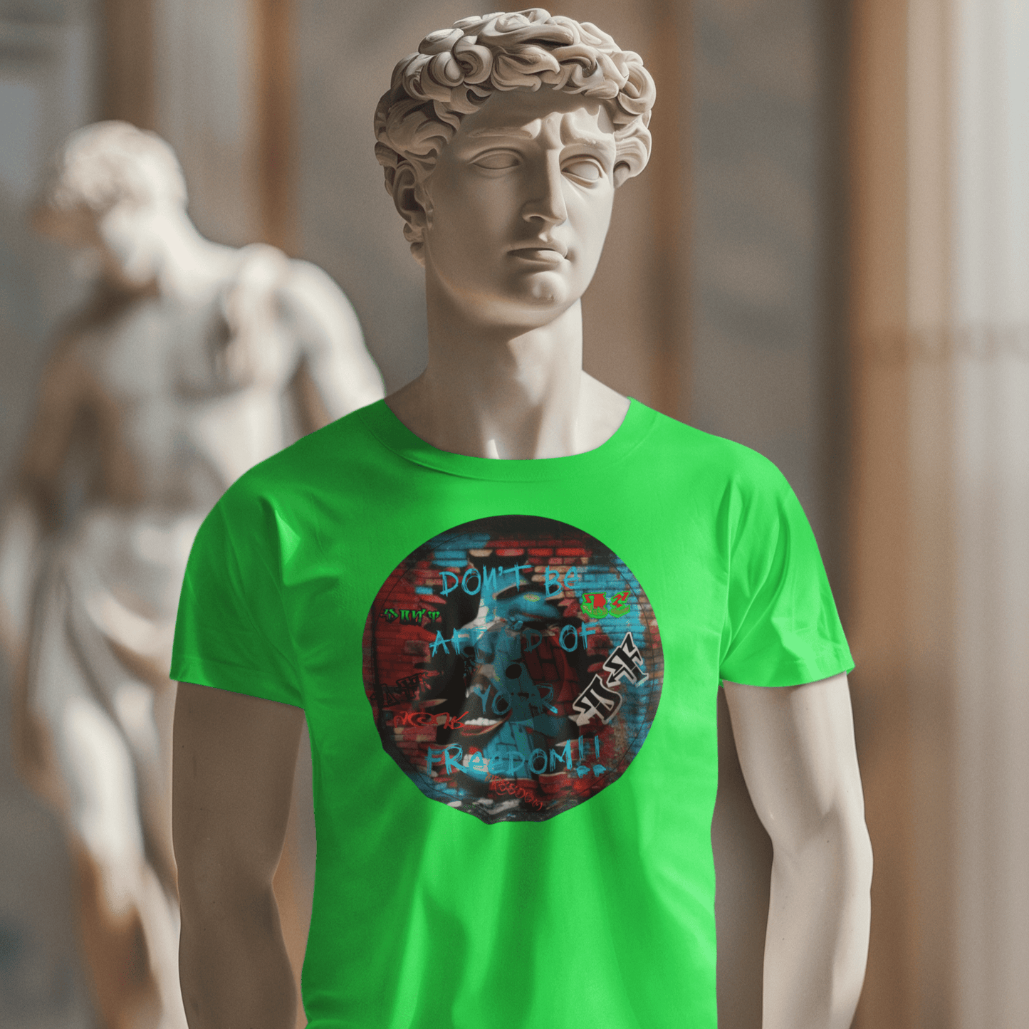 Graphic tee promoting artistic expression and freedom.