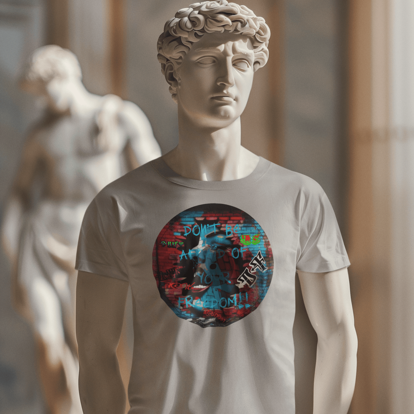 Graphic tee promoting artistic expression and freedom.