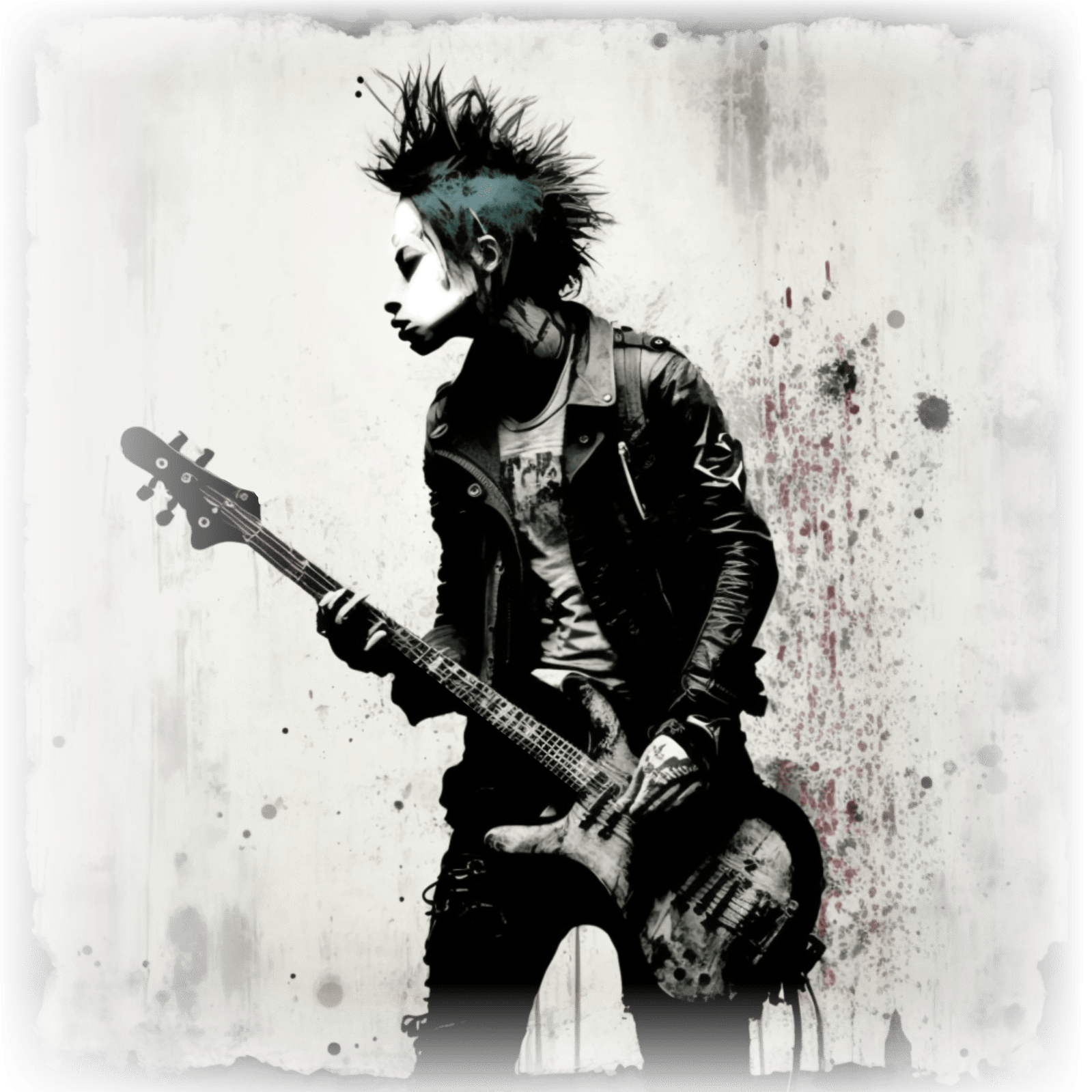 T-shirt featuring a punk rock bass guitarist.