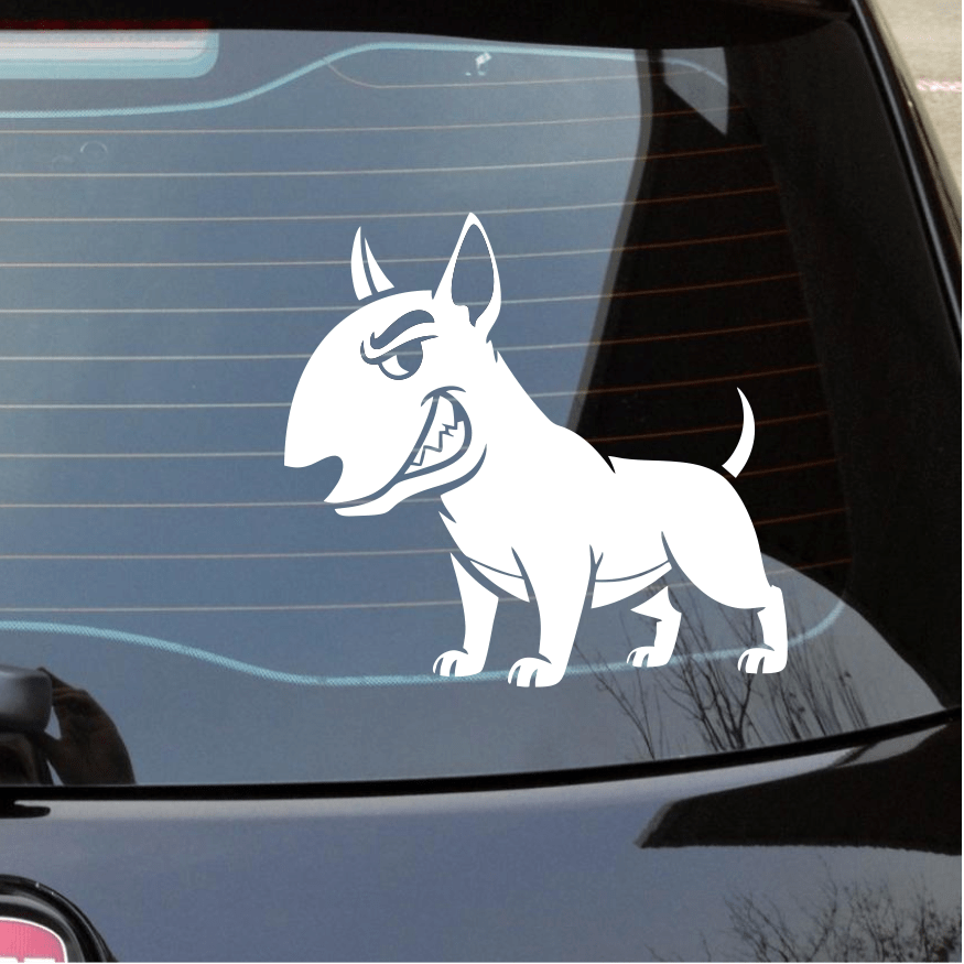 White Bull Terrier decal on a car's rear window with a city street reflection.l