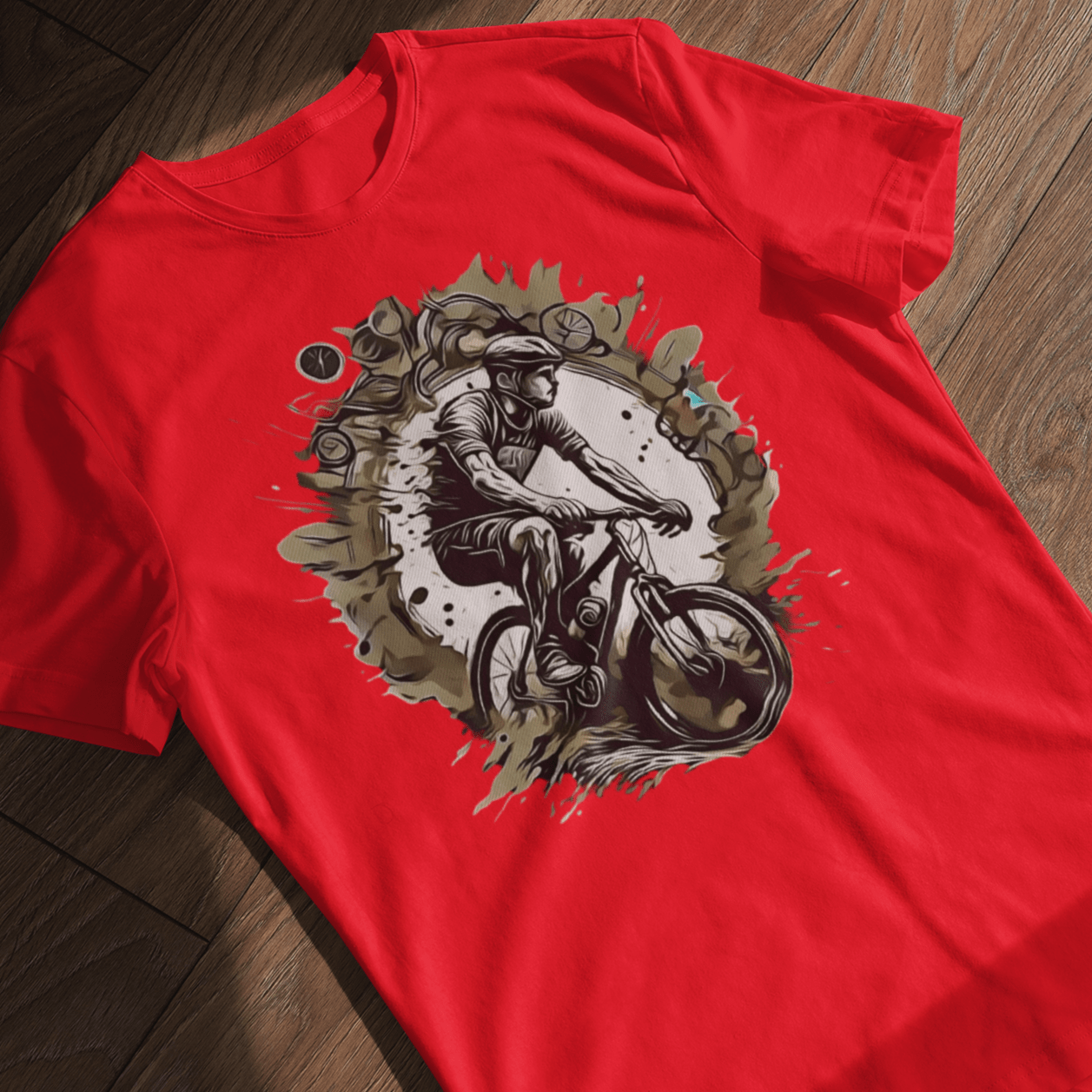 T-shirt with a graphic image of a mountain bike.