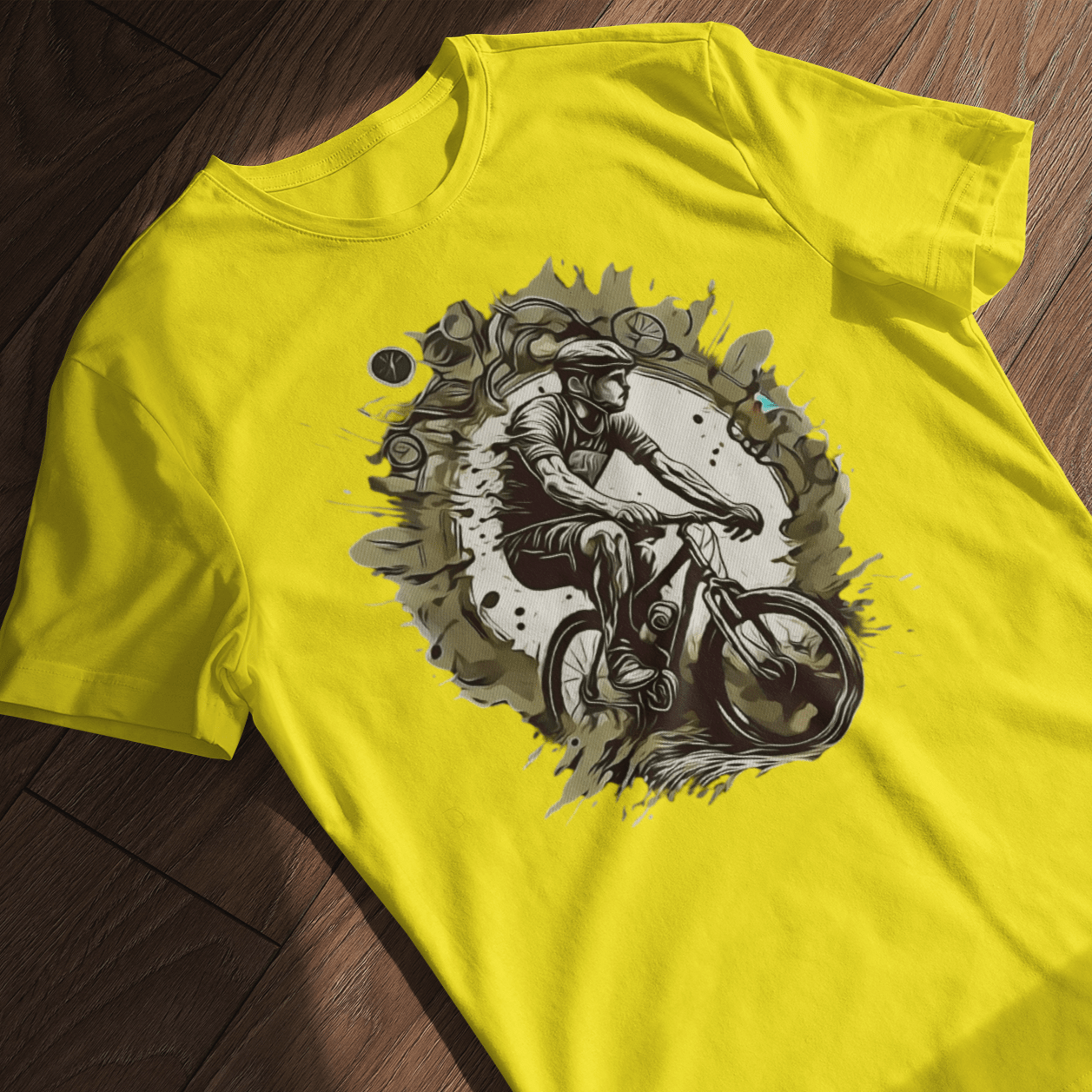 T-shirt with a graphic image of a mountain bike.