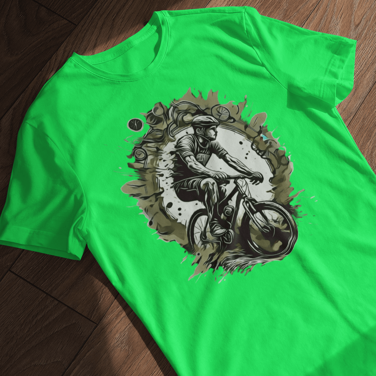 T-shirt with a graphic image of a mountain bike.