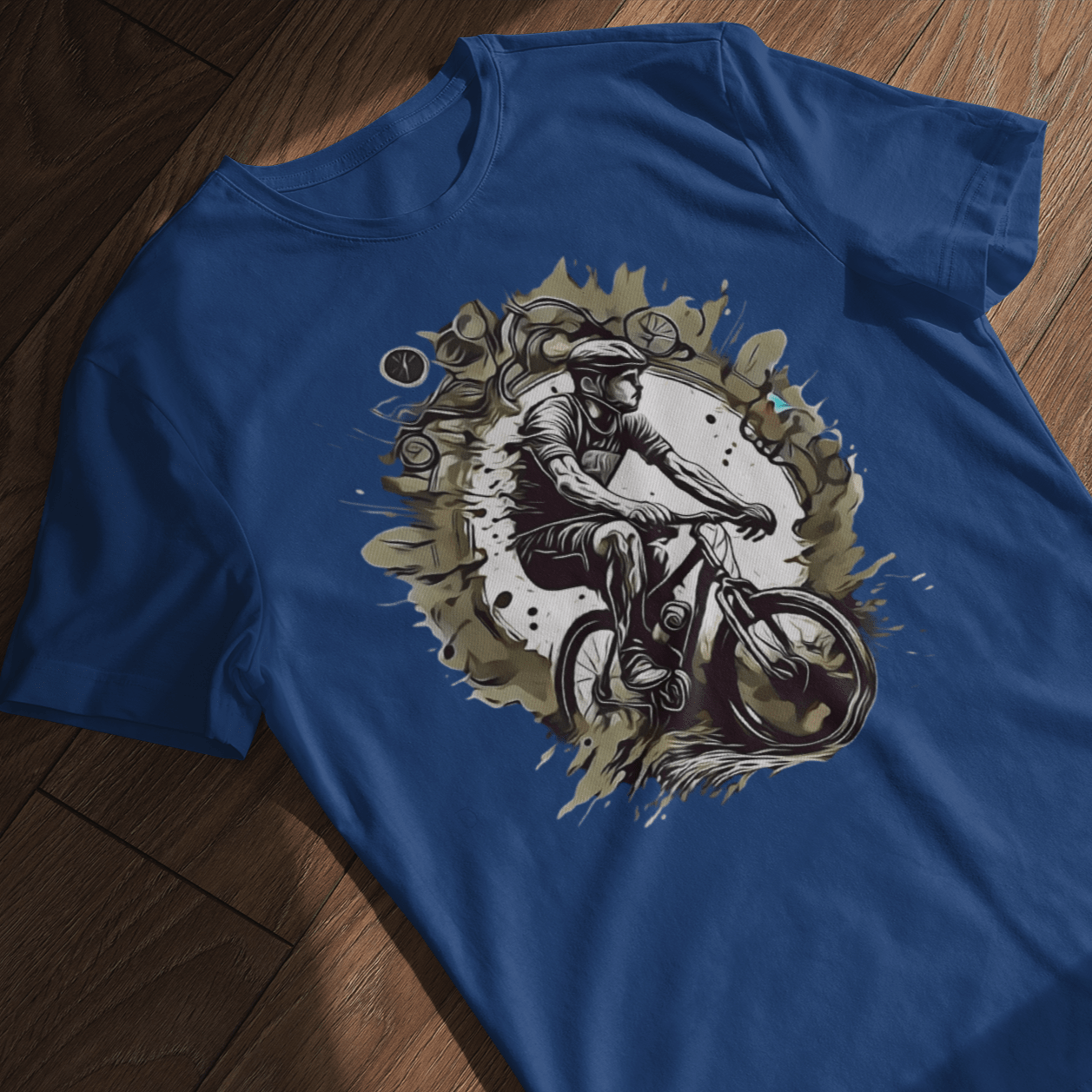 T-shirt with a graphic image of a mountain bike.