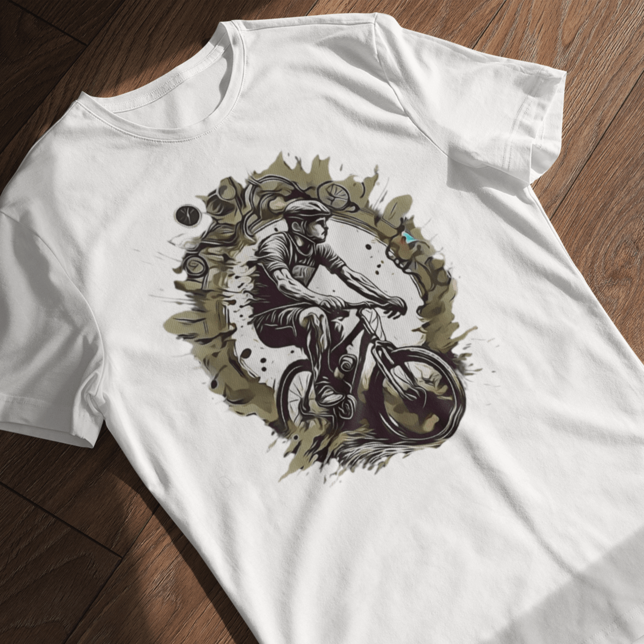 T-shirt with a graphic image of a mountain bike.