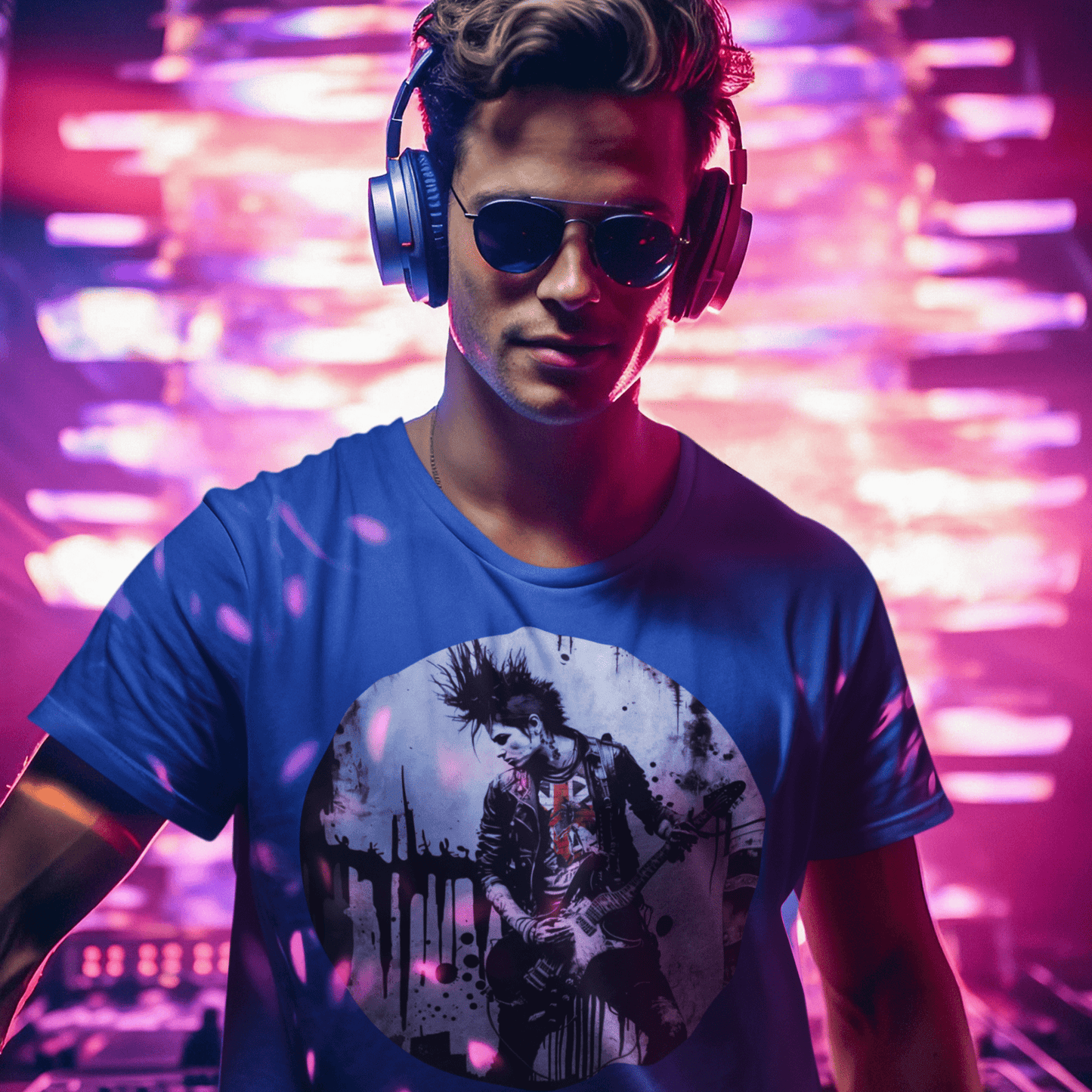 A graphic tee with an image of a punk rock guitarist shredding on stage