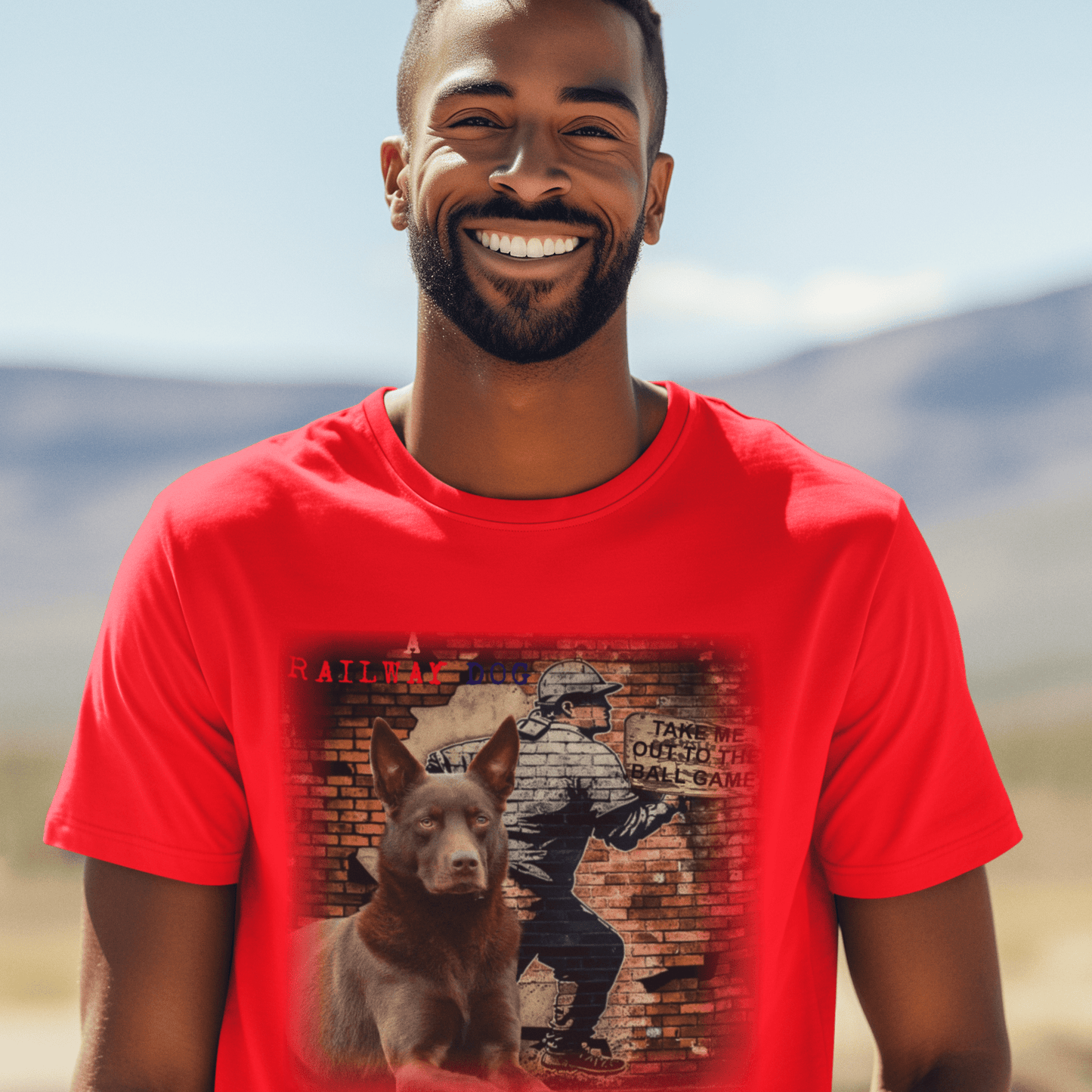 A baseball tee featuring a graphic image of a Kelpie dog.