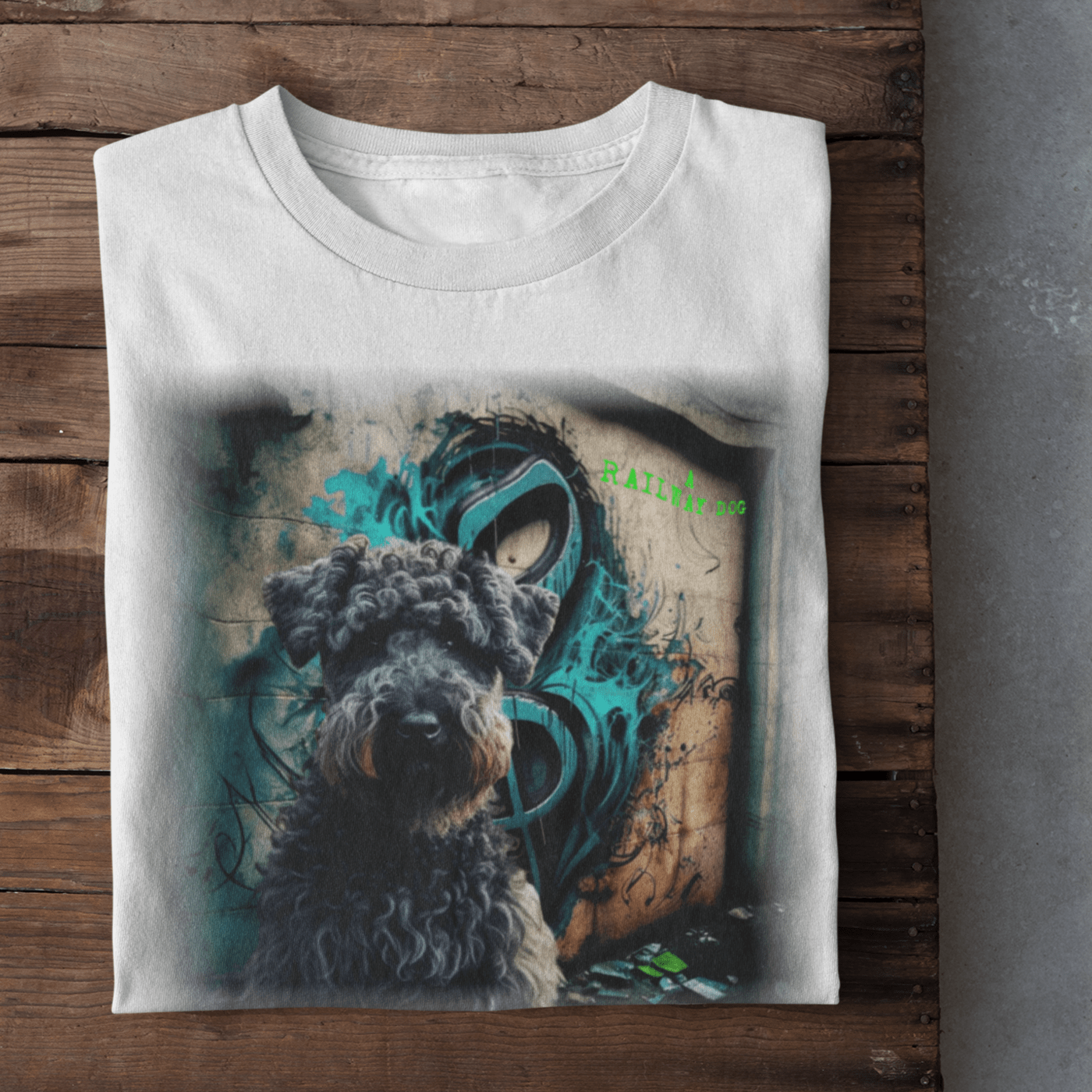 T-shirt with a graphic design featuring a Kerry Blue Terrier dog