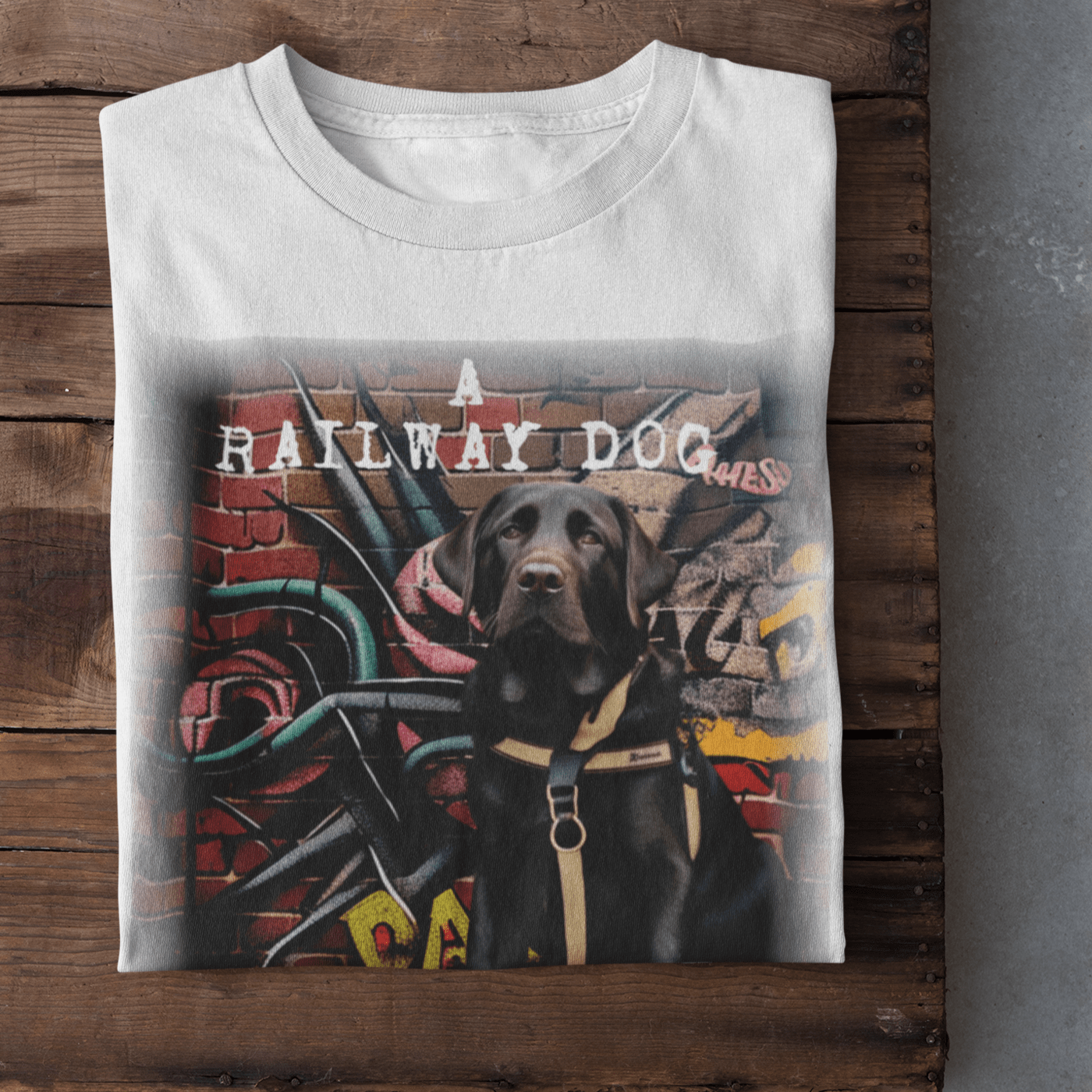 T-shirt featuring a Labrador Retriever working as a guide dog.