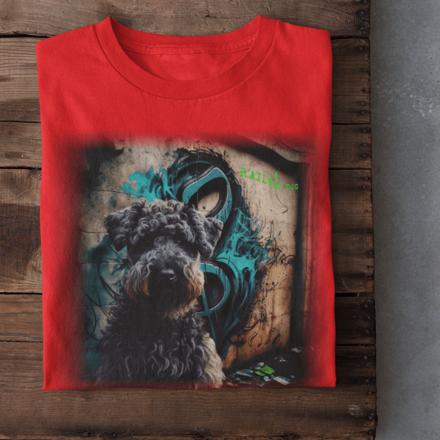 T-shirt with a graphic design featuring a Kerry Blue Terrier dog