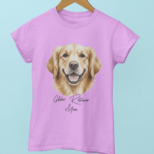 Pink t-shirt with a Golden Retriever graphic and 'Golden Retriever Mom' text on a light blue background.