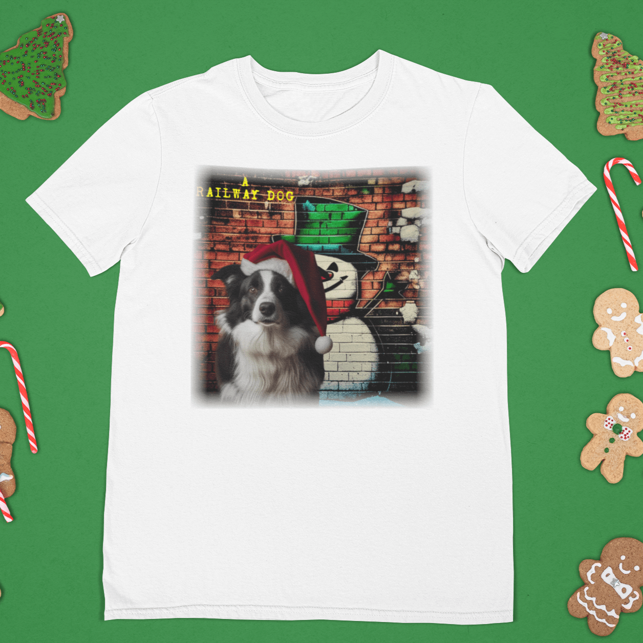 T-shirt featuring a Border Collie dog celebrating Christmas.