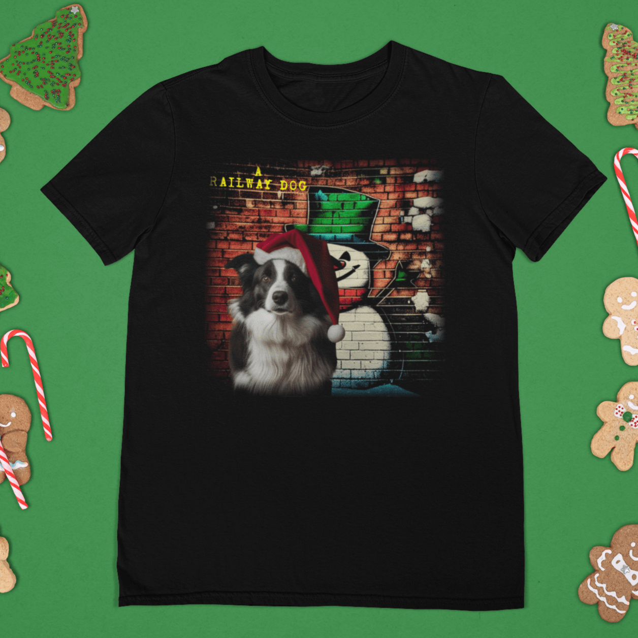 T-shirt featuring a Border Collie dog celebrating Christmas.