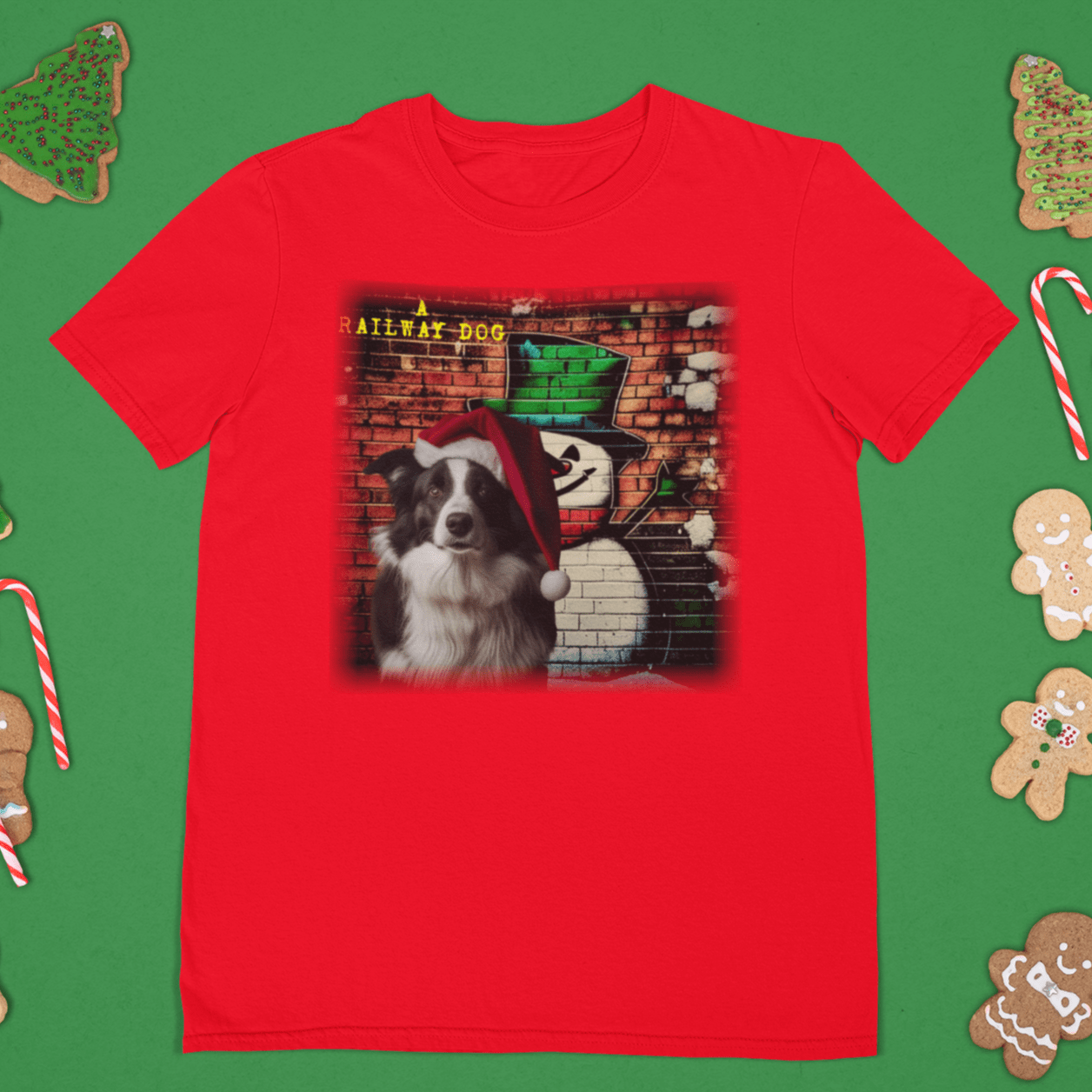 T-shirt featuring a Border Collie dog celebrating Christmas.