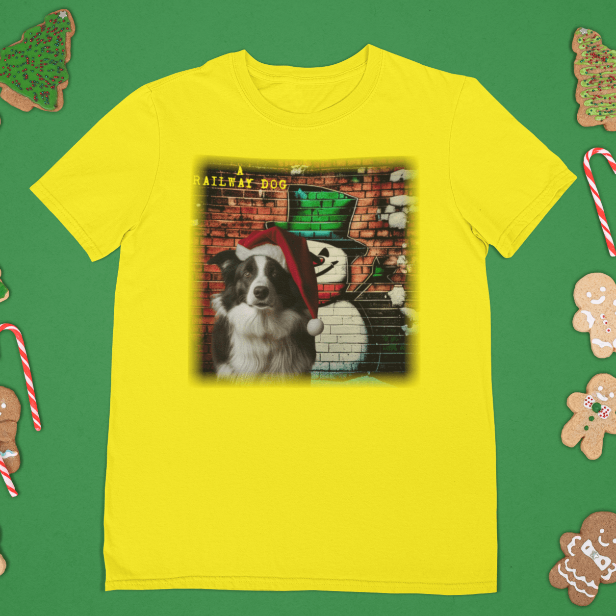 T-shirt featuring a Border Collie dog celebrating Christmas.