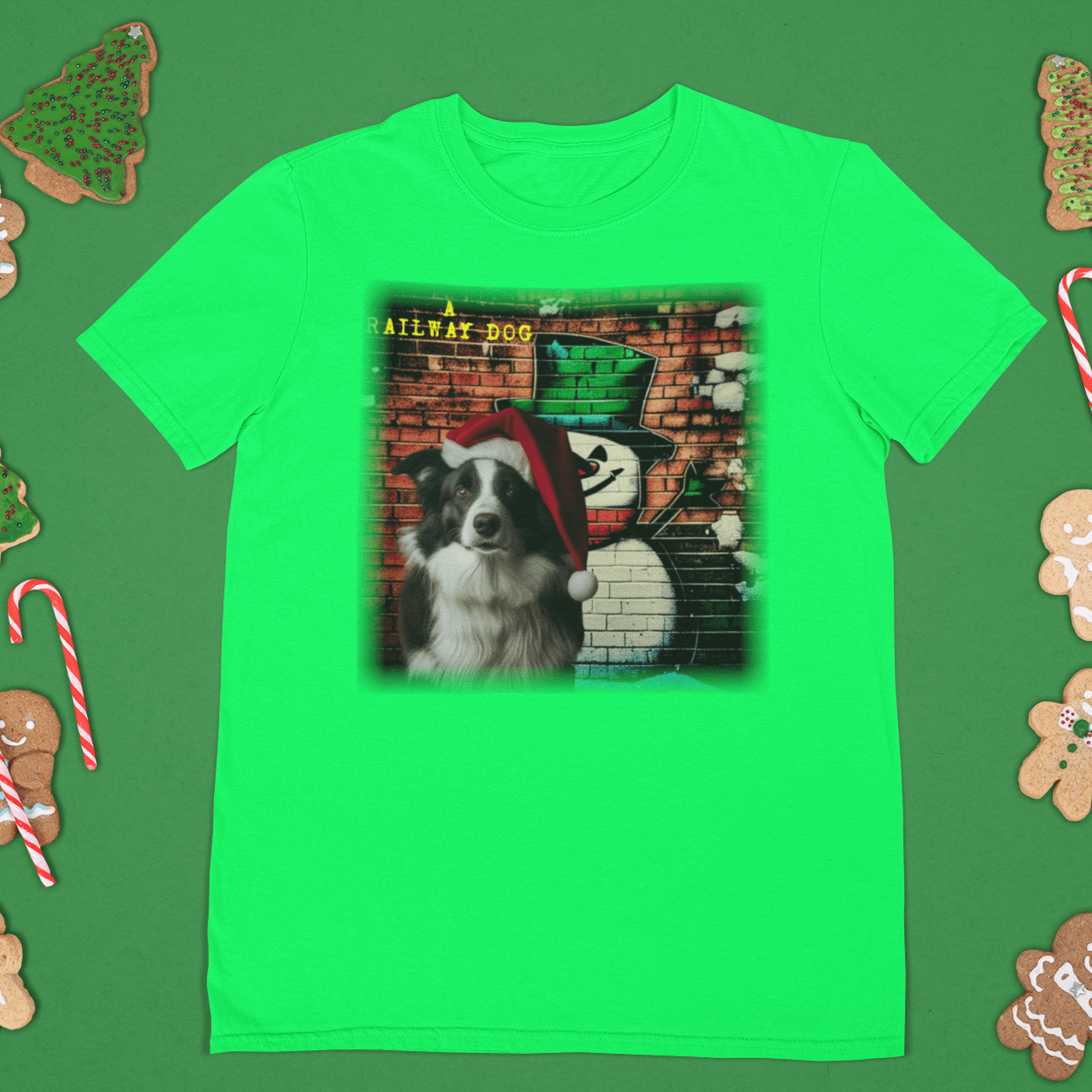 T-shirt featuring a Border Collie dog celebrating Christmas.