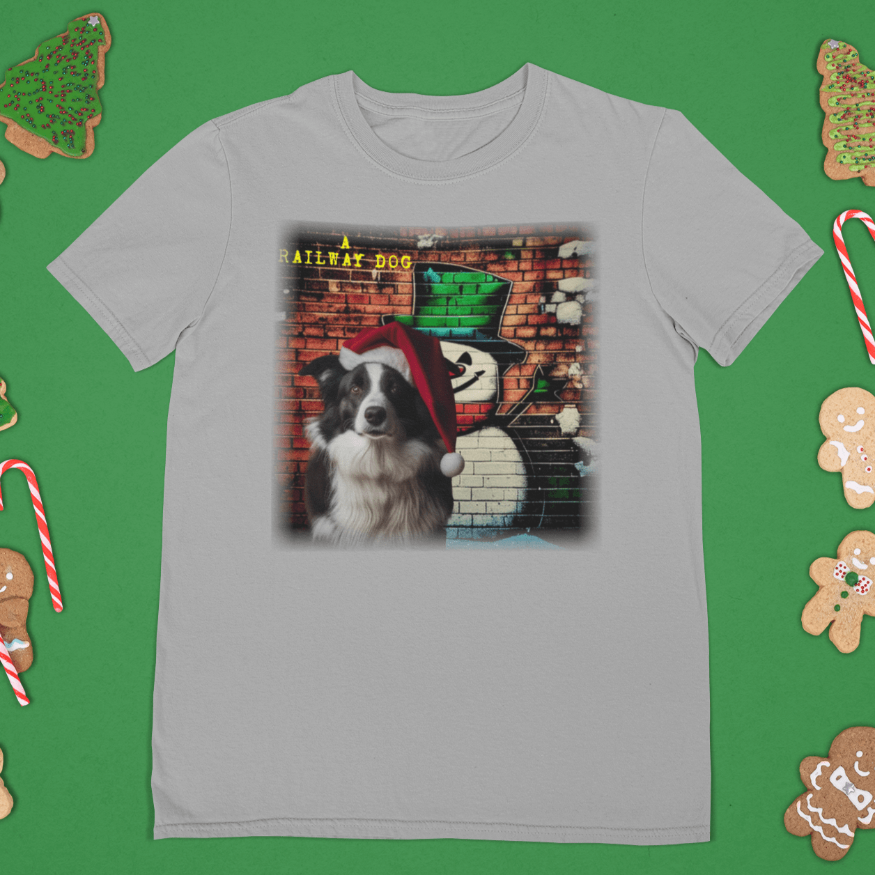 T-shirt featuring a Border Collie dog celebrating Christmas.