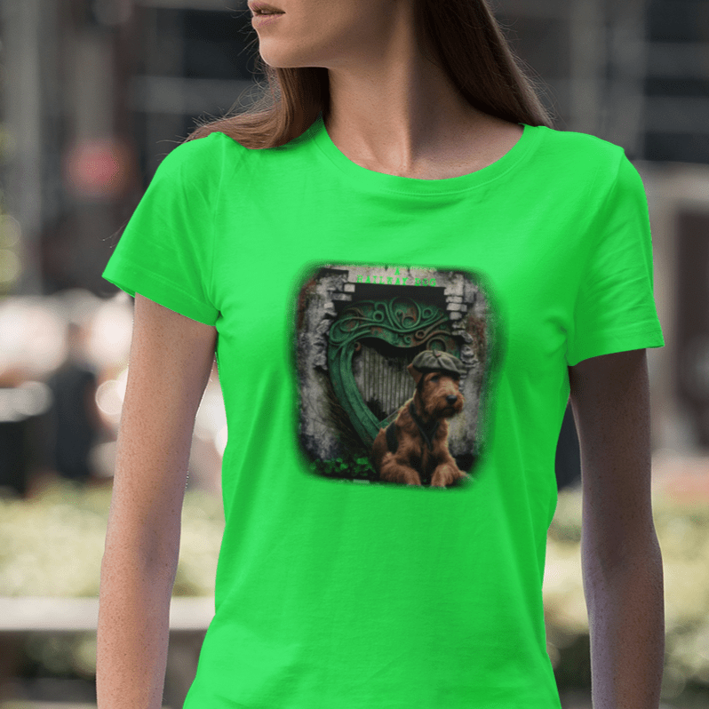 A lively Irish Terrier, known for its spirited personality and distinctive red coat, featured on a t-shirt.