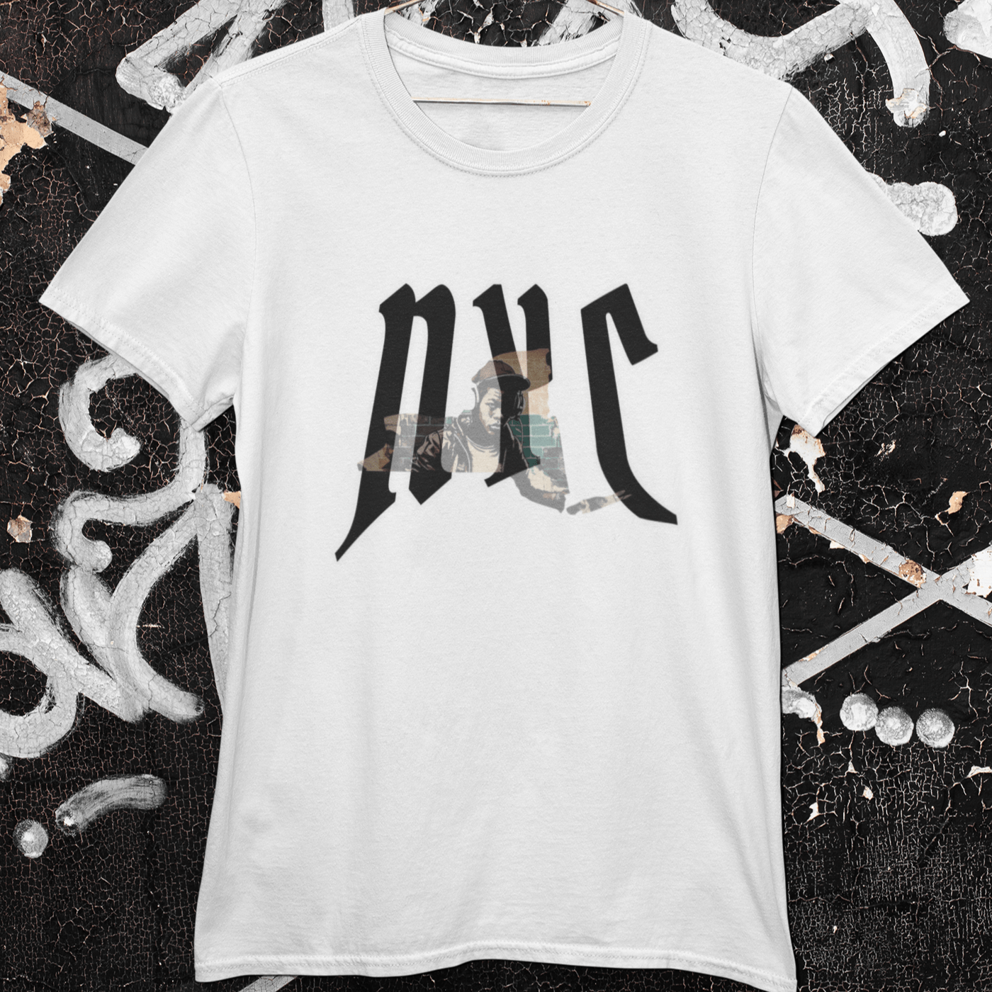 T-shirt featuring a design related to NYC hip hop culture.