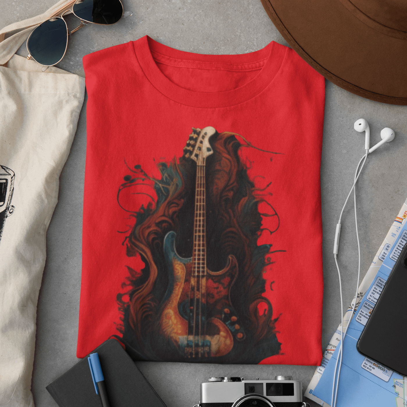 Graphic tee featuring a bass guitar design