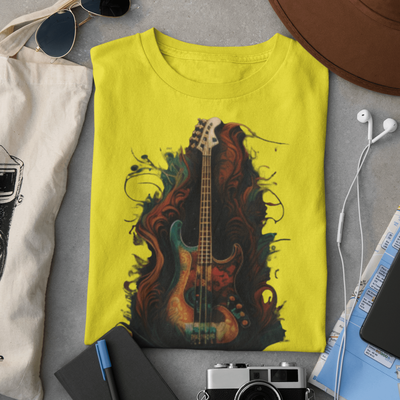 Graphic tee featuring a bass guitar design