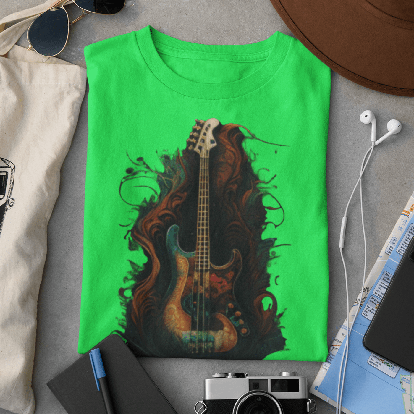Graphic tee featuring a bass guitar design
