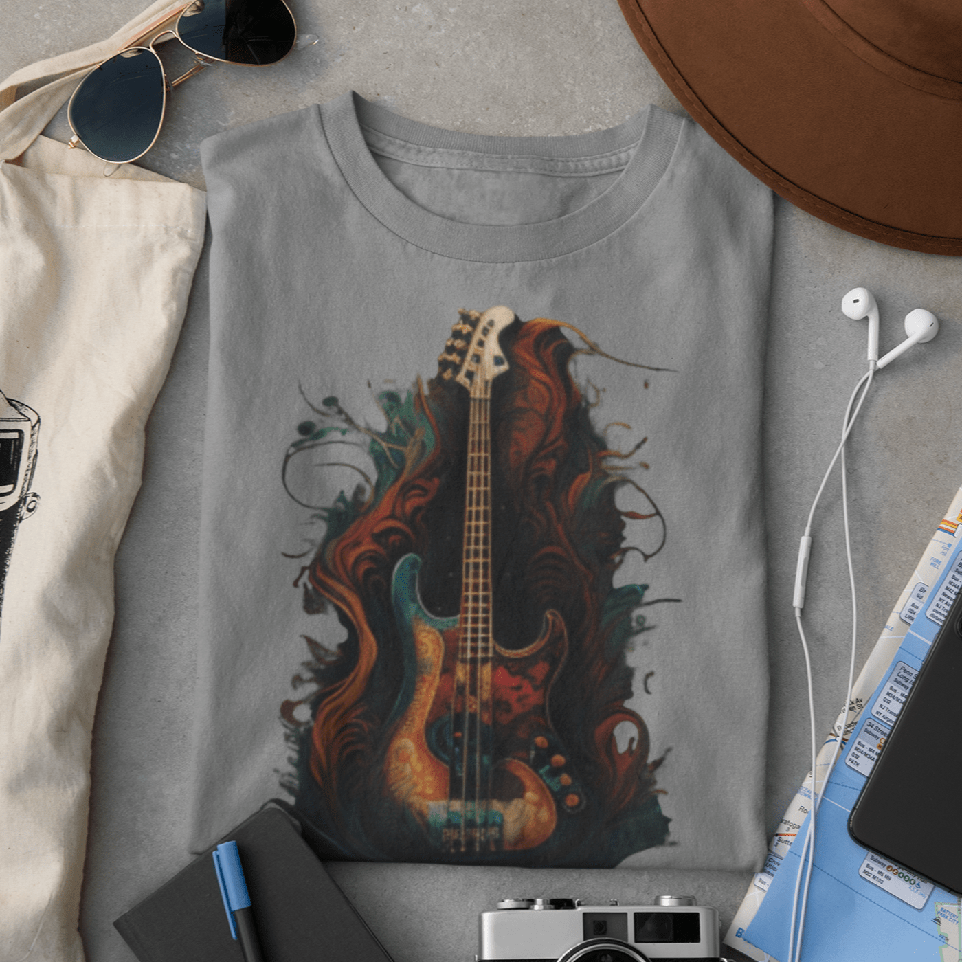 Graphic tee featuring a bass guitar design