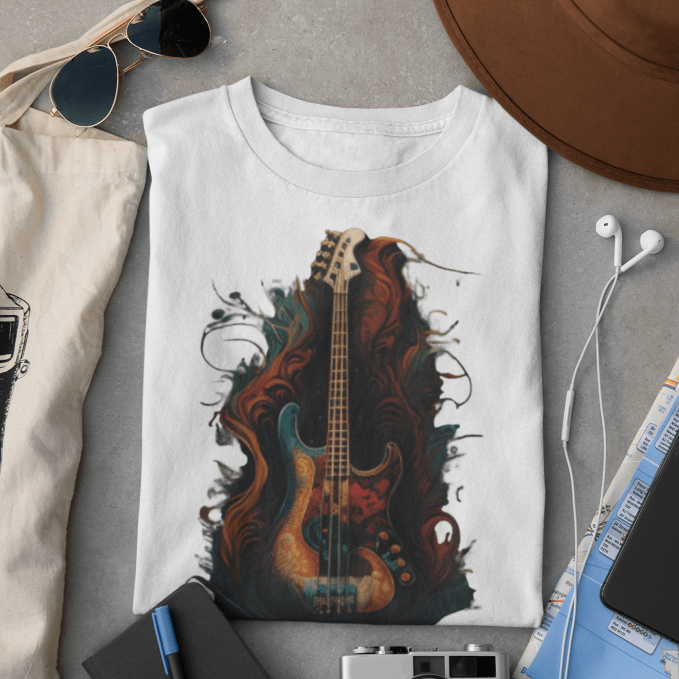 Graphic tee featuring a bass guitar design
