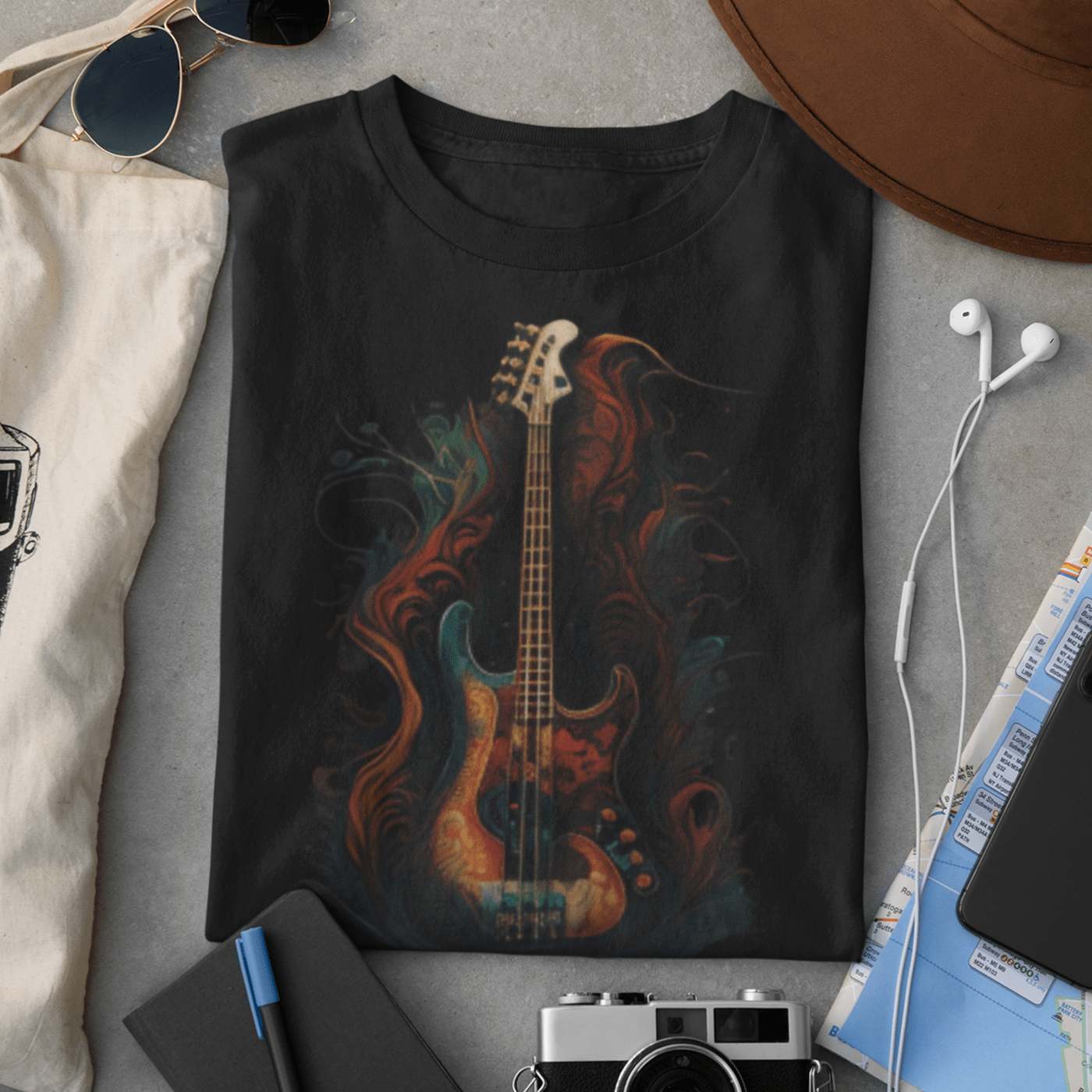 Graphic tee featuring a bass guitar design