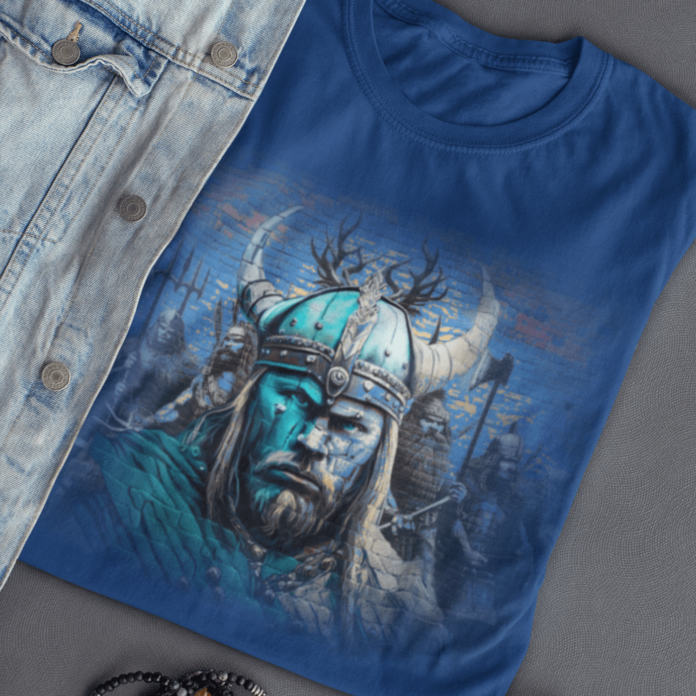 Graphic T-shirt featuring a Viking warrior in traditional Norse attire, wielding a sword and shield, with intricate Viking art and symbols in the background
