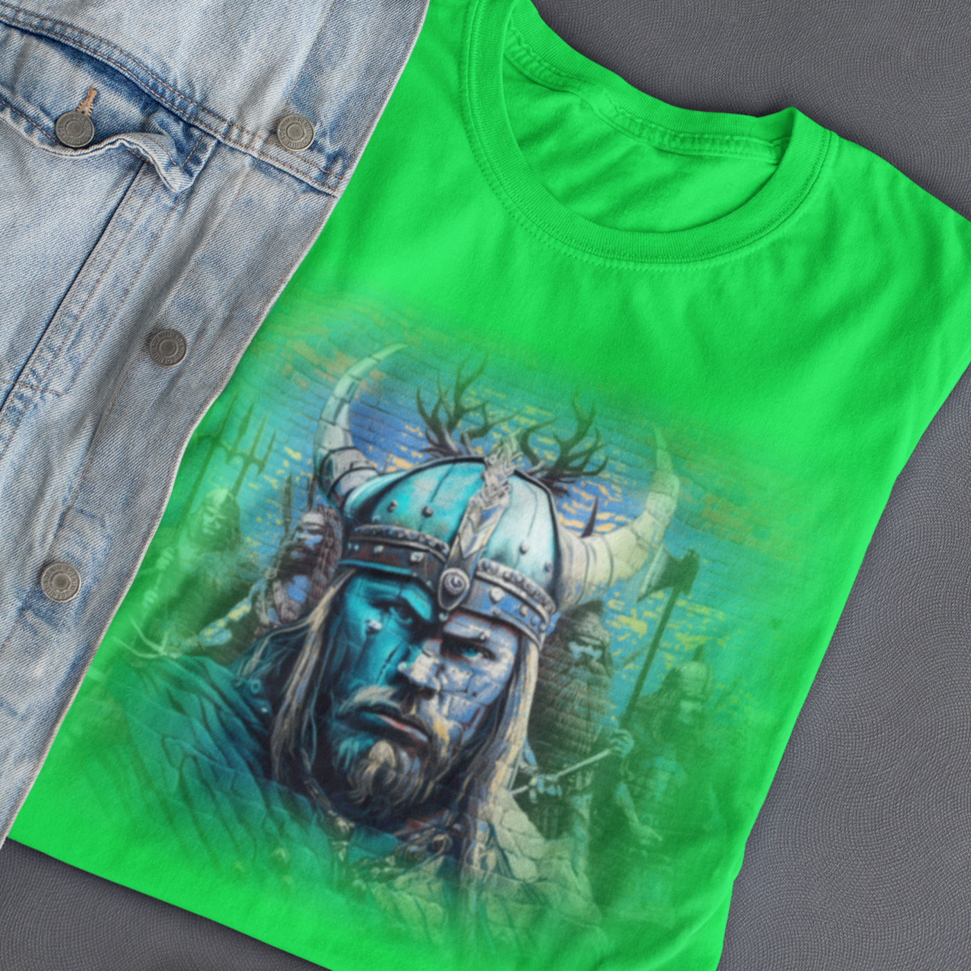 Graphic T-shirt featuring a Viking warrior in traditional Norse attire, wielding a sword and shield, with intricate Viking art and symbols in the background