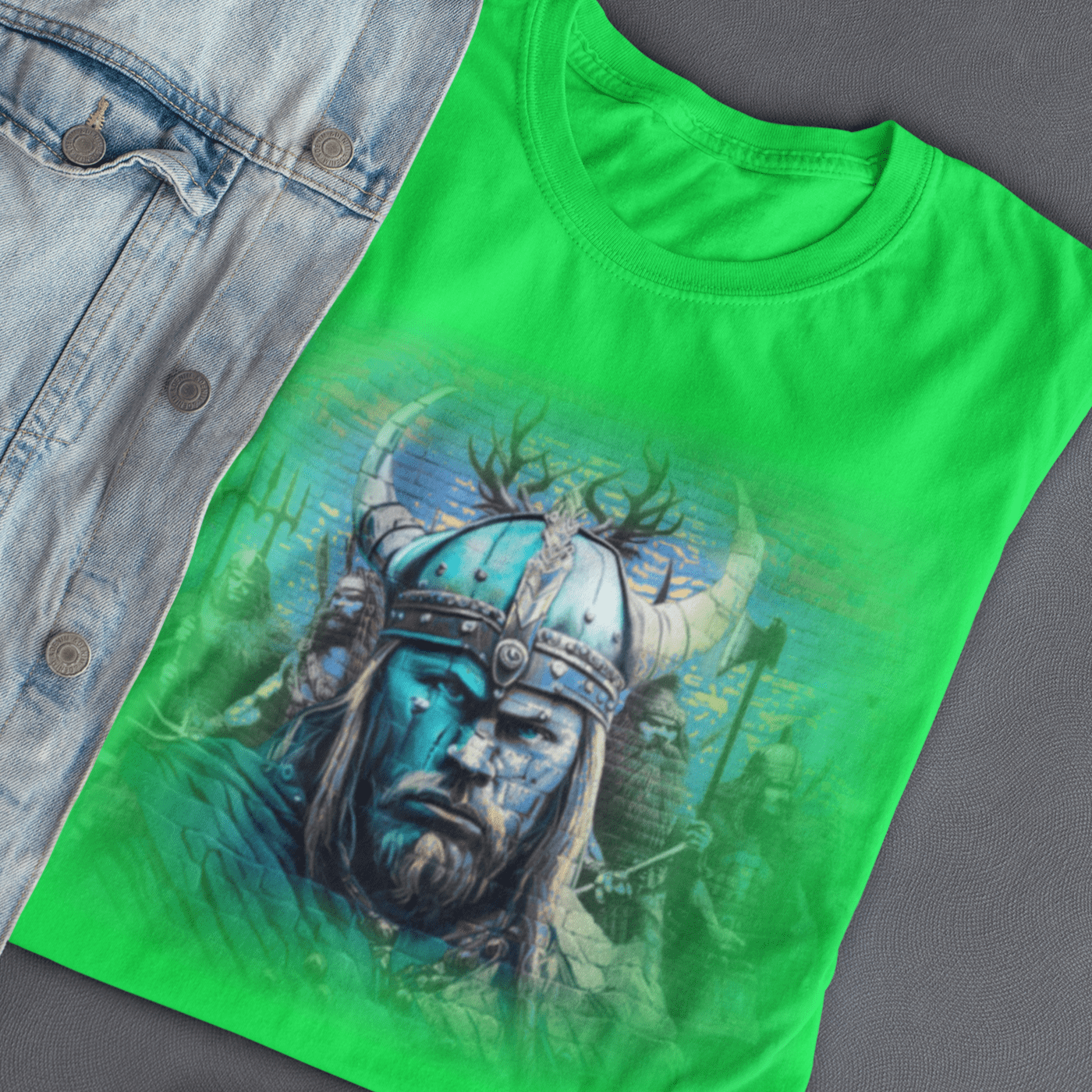 Graphic T-shirt featuring a Viking warrior in traditional Norse attire, wielding a sword and shield, with intricate Viking art and symbols in the background