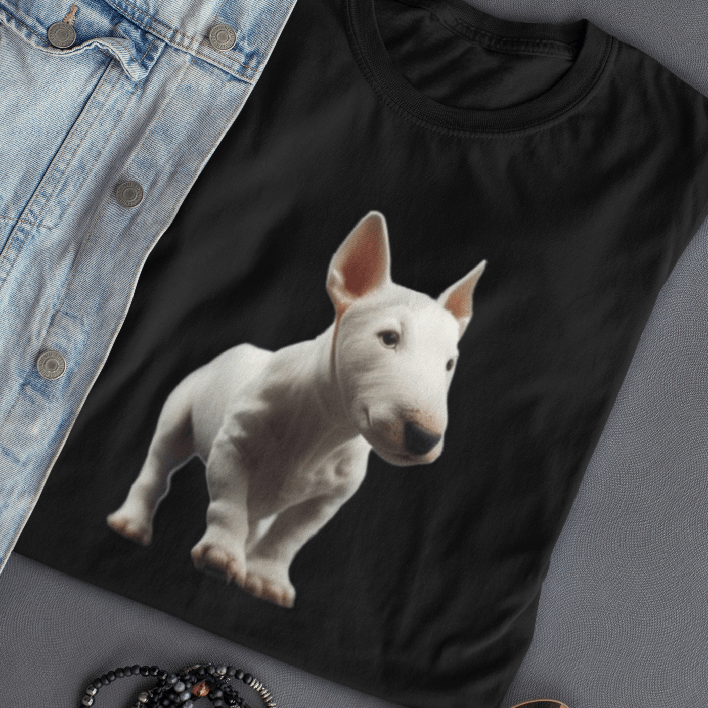 Graphic T-shirt featuring a playful Bull Terrier puppy, with a cute and endearing design that highlights the breed's youthful charm and distinctive features