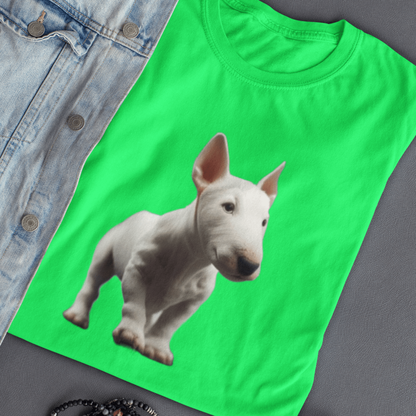 Graphic T-shirt featuring a playful Bull Terrier puppy, with a cute and endearing design that highlights the breed's youthful charm and distinctive features