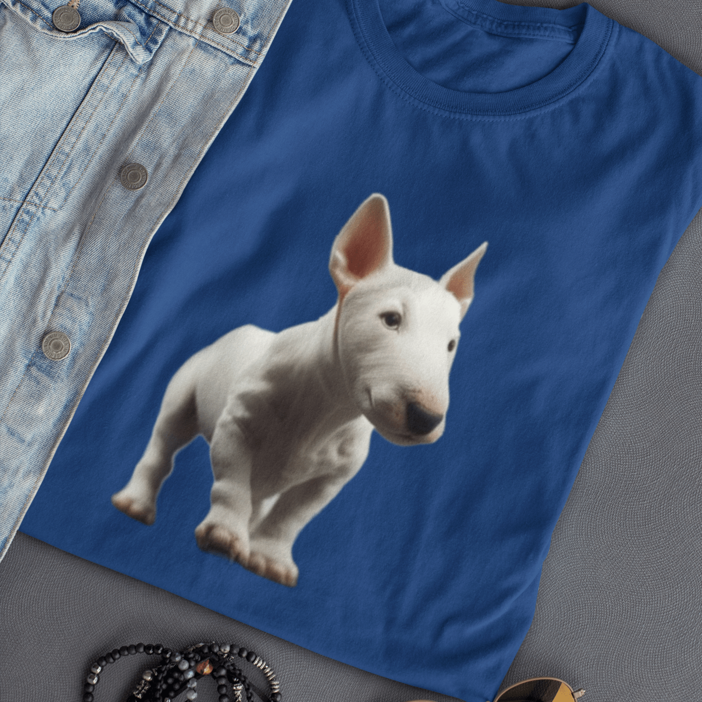 Graphic T-shirt featuring a playful Bull Terrier puppy, with a cute and endearing design that highlights the breed's youthful charm and distinctive features
