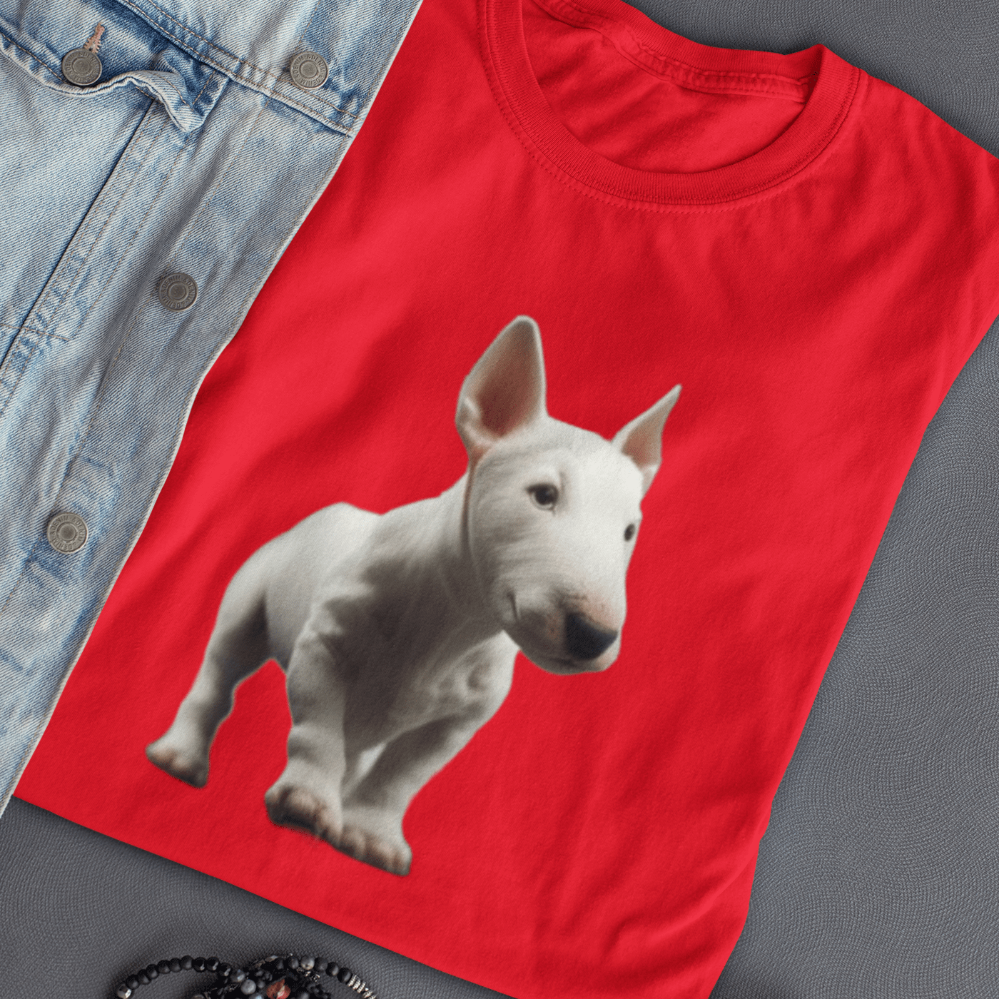 Graphic T-shirt featuring a playful Bull Terrier puppy, with a cute and endearing design that highlights the breed's youthful charm and distinctive features