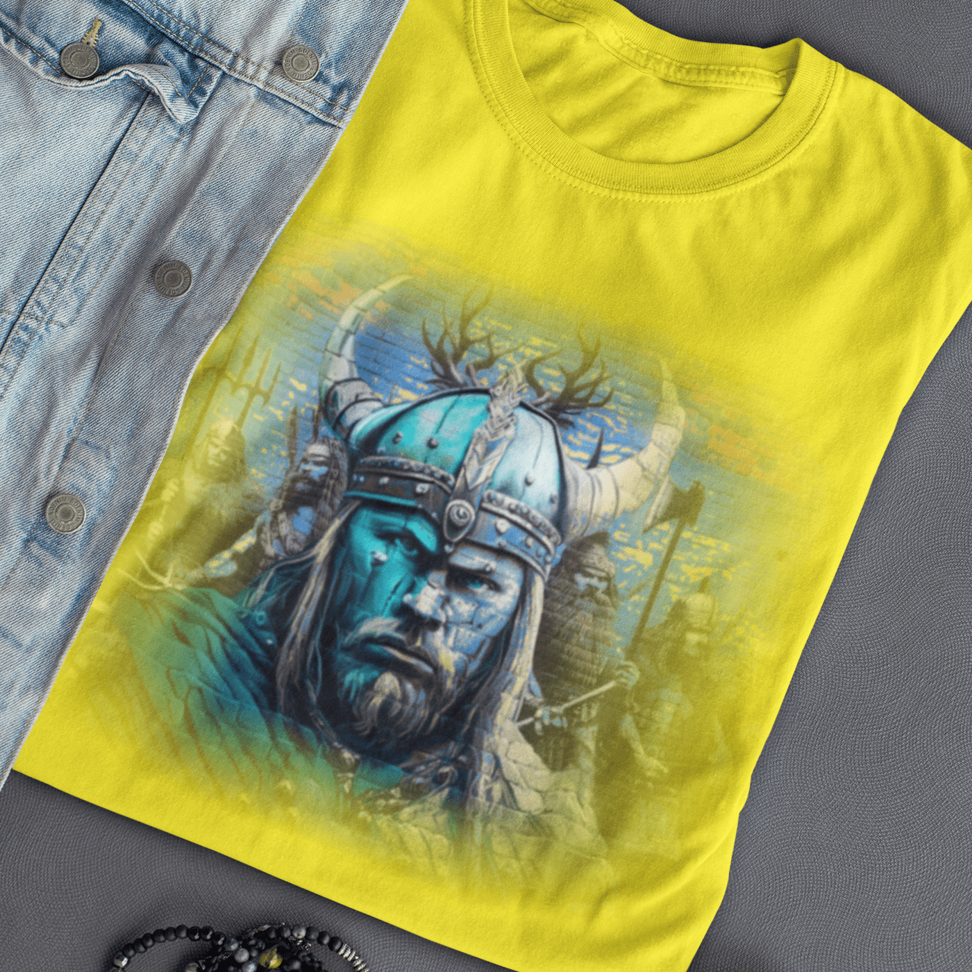 Graphic T-shirt featuring a Viking warrior in traditional Norse attire, wielding a sword and shield, with intricate Viking art and symbols in the background