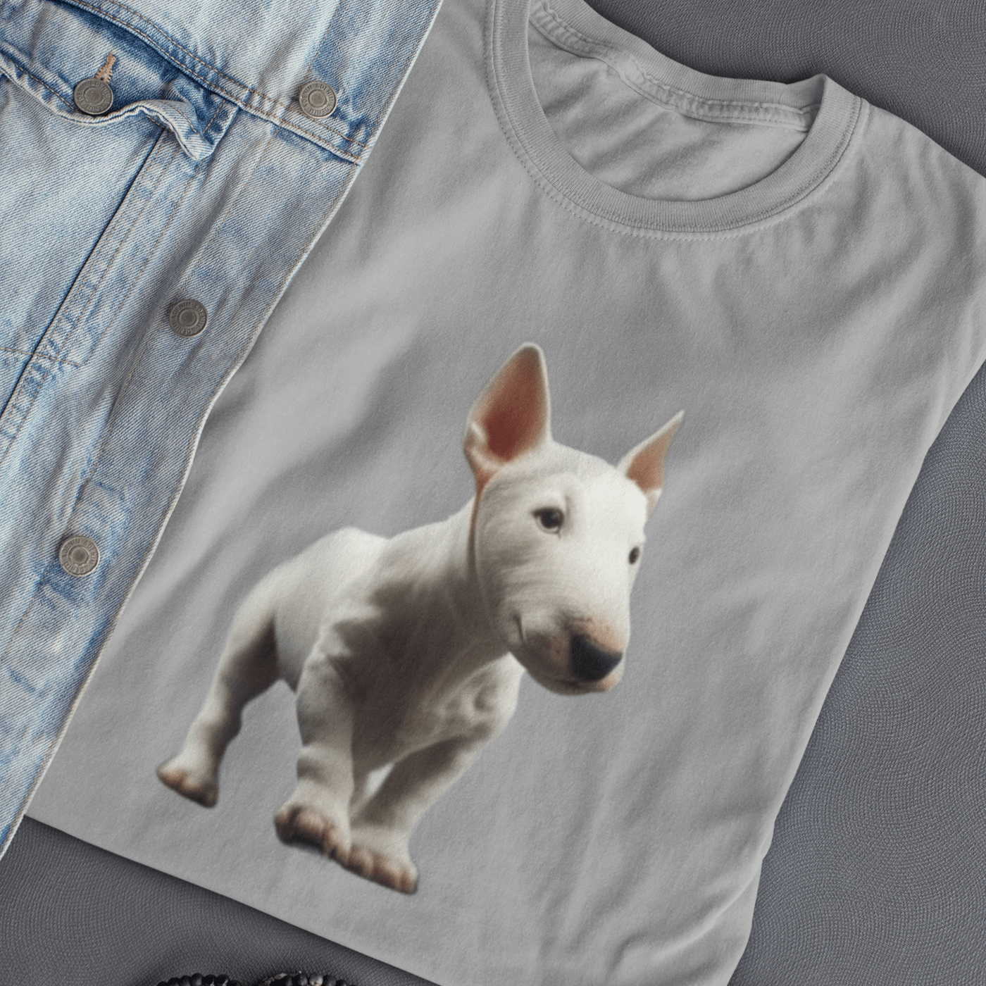 Graphic T-shirt featuring a playful Bull Terrier puppy, with a cute and endearing design that highlights the breed's youthful charm and distinctive features