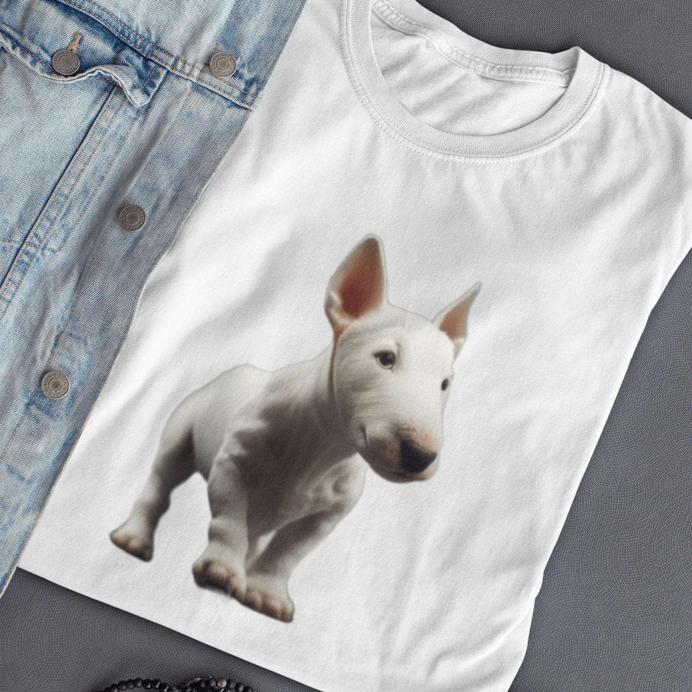 Graphic T-shirt featuring a playful Bull Terrier puppy, with a cute and endearing design that highlights the breed's youthful charm and distinctive features