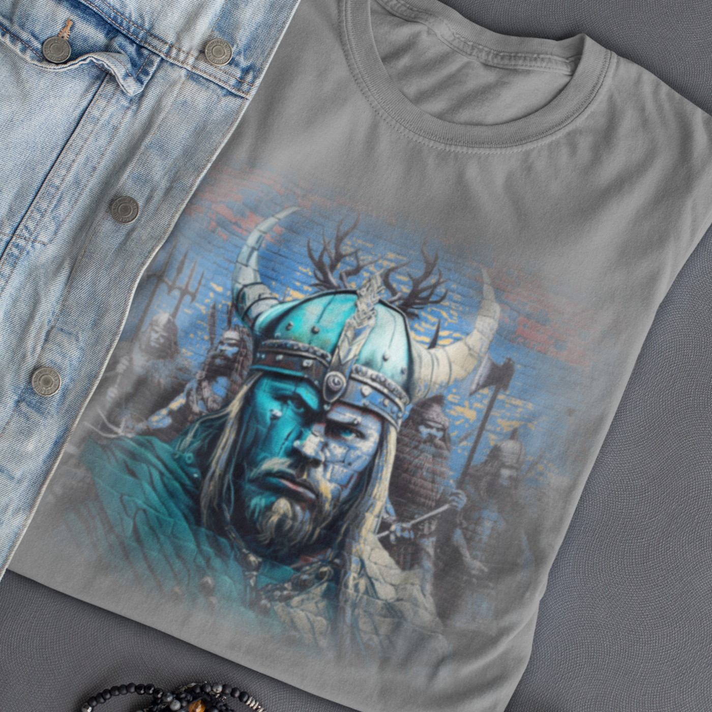 Graphic T-shirt featuring a Viking warrior in traditional Norse attire, wielding a sword and shield, with intricate Viking art and symbols in the background