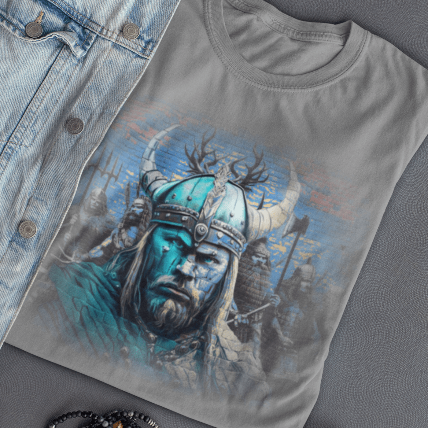 Graphic T-shirt featuring a Viking warrior in traditional Norse attire, wielding a sword and shield, with intricate Viking art and symbols in the background