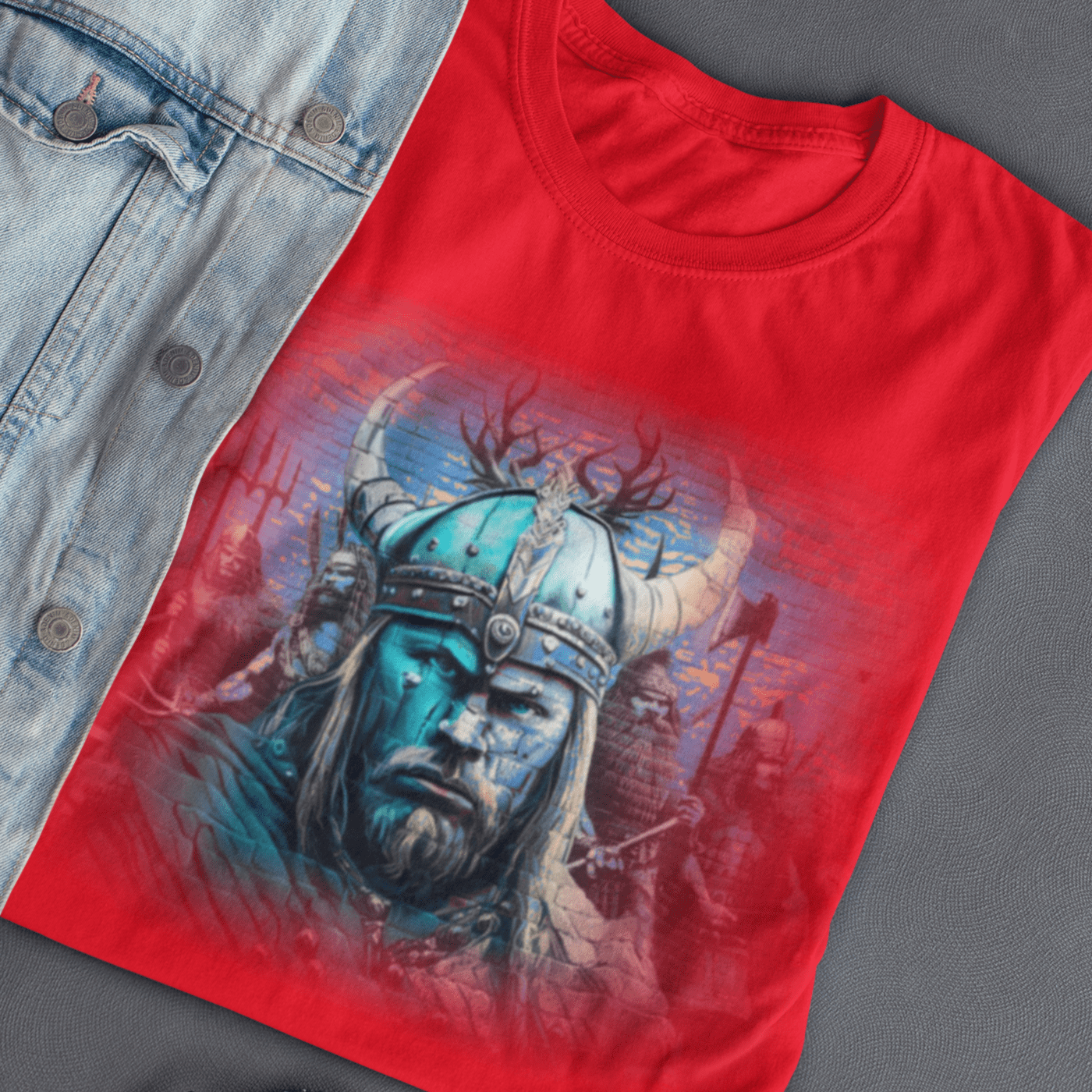 Graphic T-shirt featuring a Viking warrior in traditional Norse attire, wielding a sword and shield, with intricate Viking art and symbols in the background