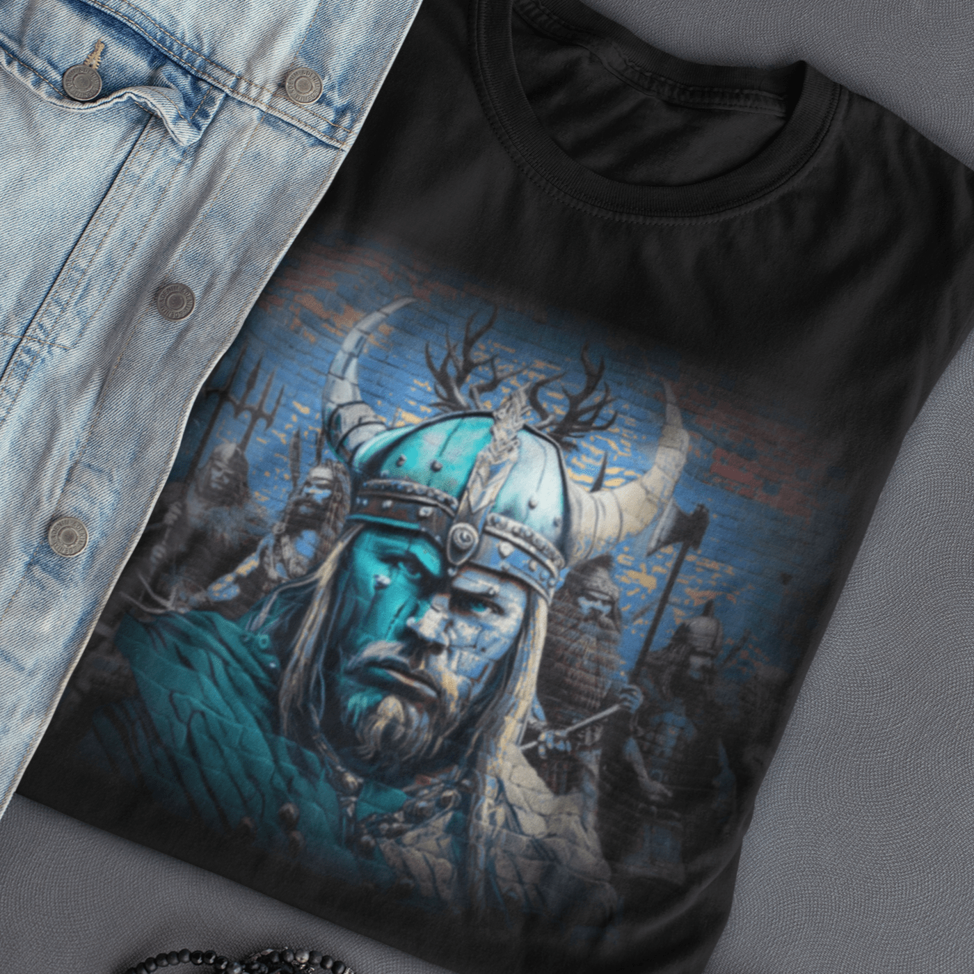 Graphic T-shirt featuring a Viking warrior in traditional Norse attire, wielding a sword and shield, with intricate Viking art and symbols in the background