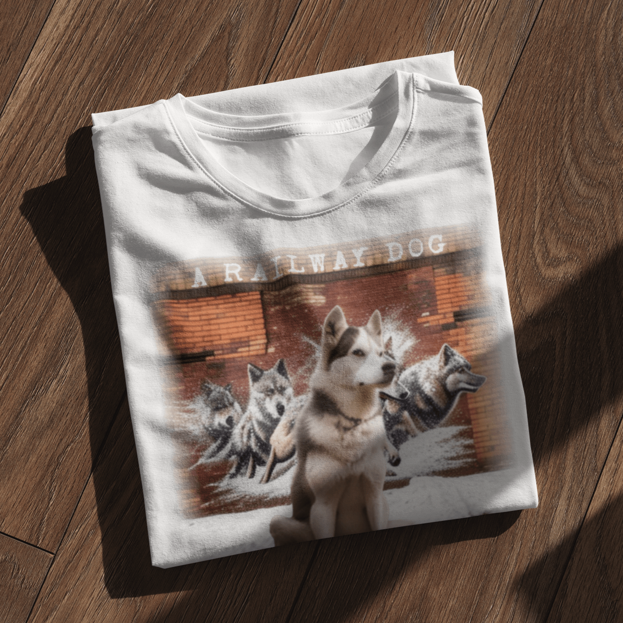 T-shirt featuring a Siberian Husky dog.