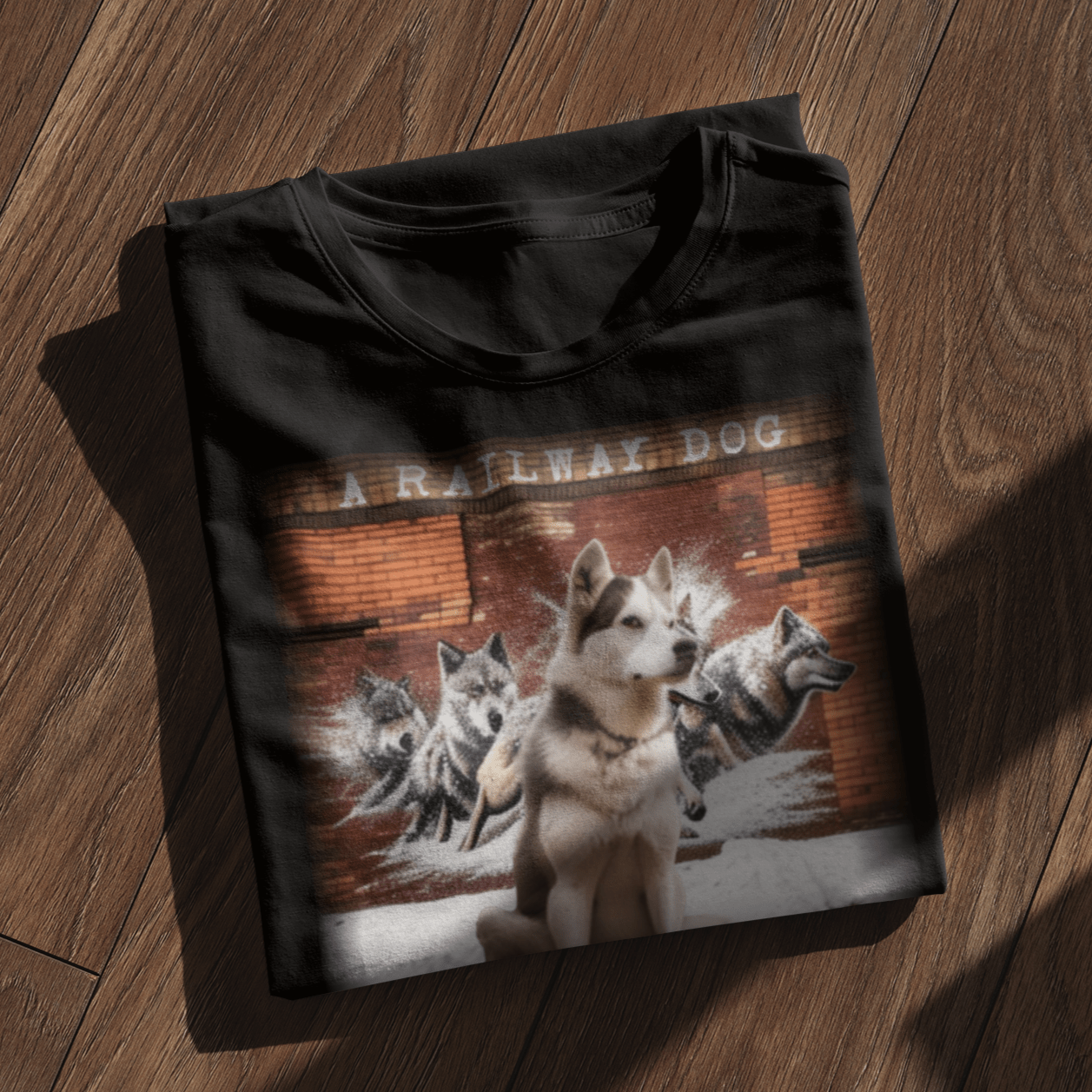 T-shirt featuring a Siberian Husky dog.